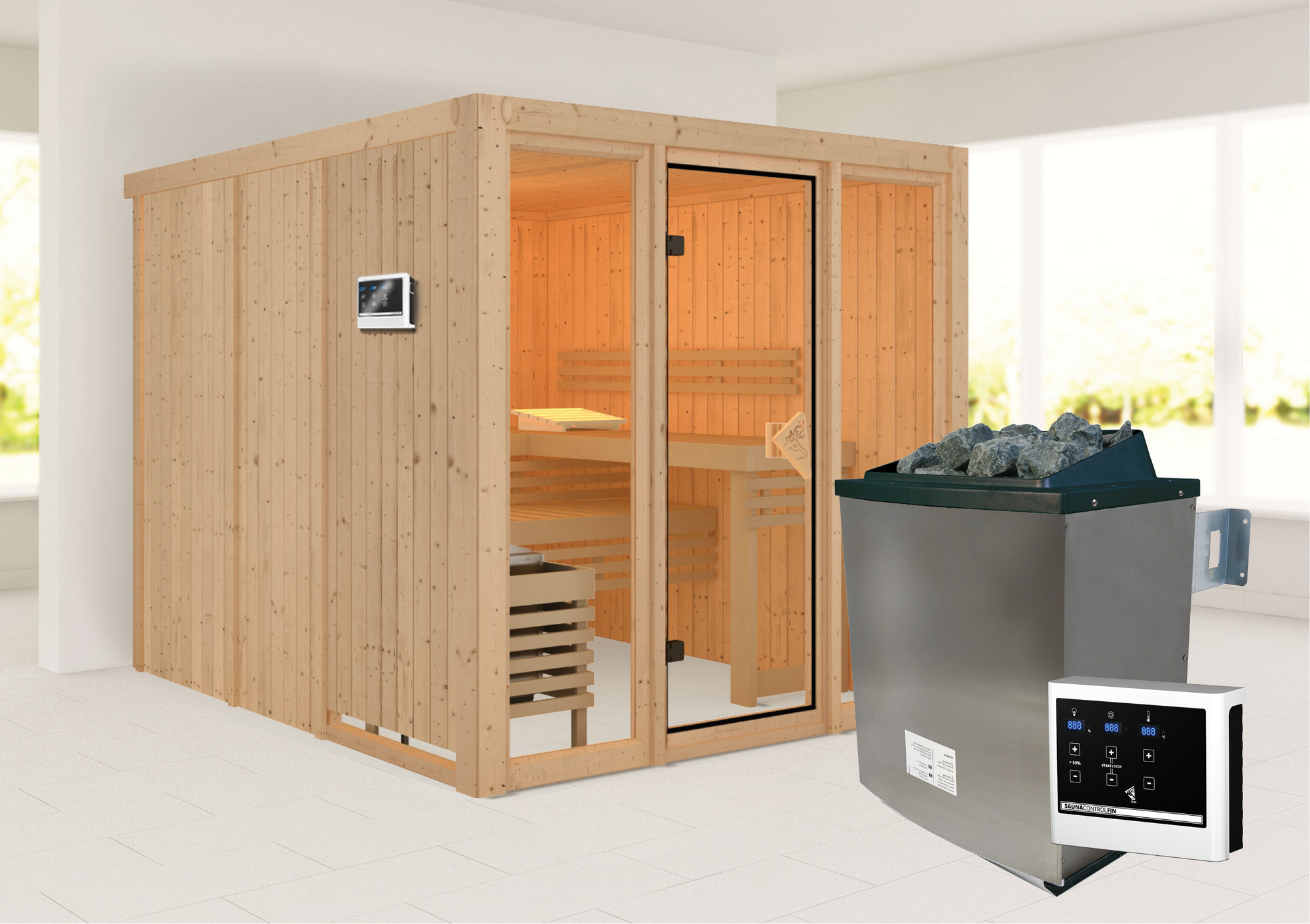 Karibu Elementsauna 'Arabella' naturbelassen mit bronzierter Tür und Glasfront 9 kW Ofen externe Steuerung 216 x 234 x 1...