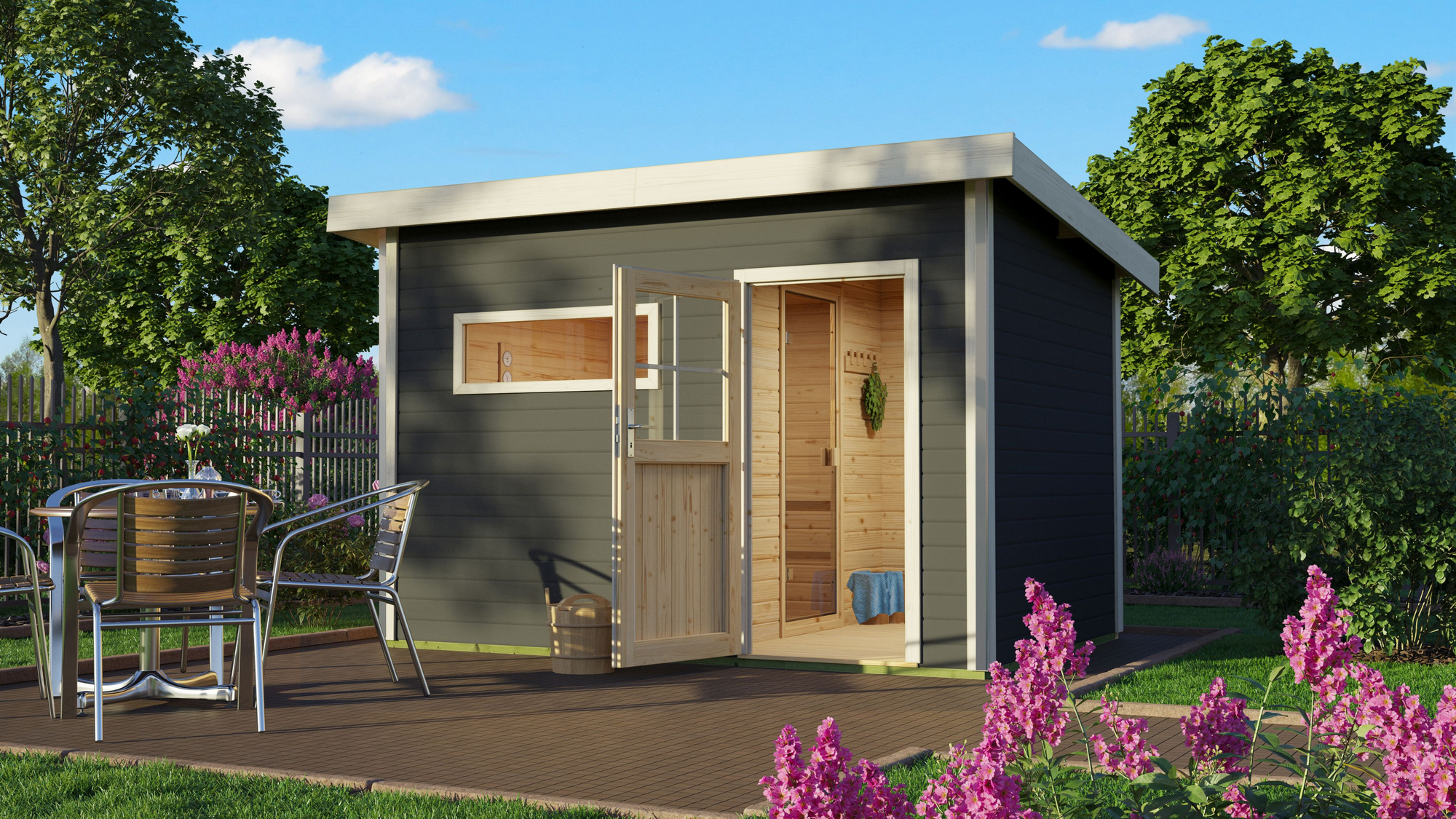Karibu Saunahaus 'Skrollan 2' terragrau mit klassischer Tür 9 kW Ofen externe Steuerung 336 x 231 x 227 cm