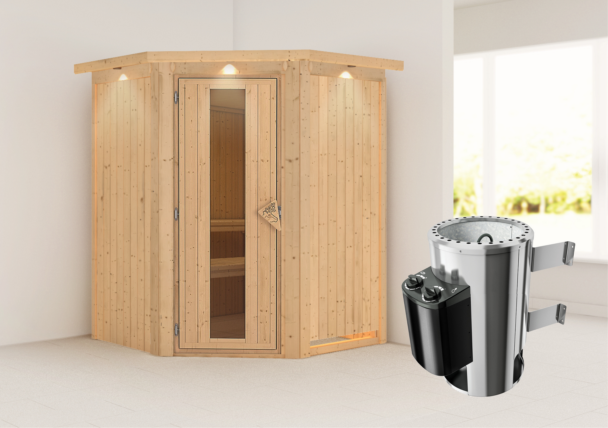 Karibu Elementsauna 'Valeria' naturbelassen mit Energiespartür und Kranz 3,6 kW Ofen integrierte Steuerung 165 x 165 x 2...