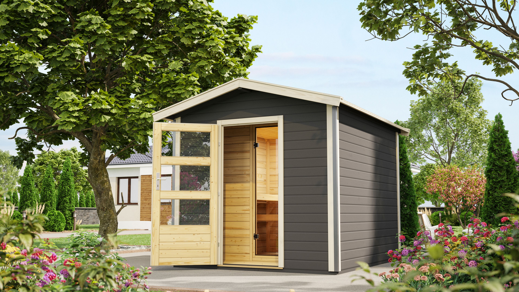 Karibu Saunahaus 'Bosse 1' terragrau mit Vorraum 9 kW Bio-Ofen externe Steuerung 231 x 273 x 235 cm