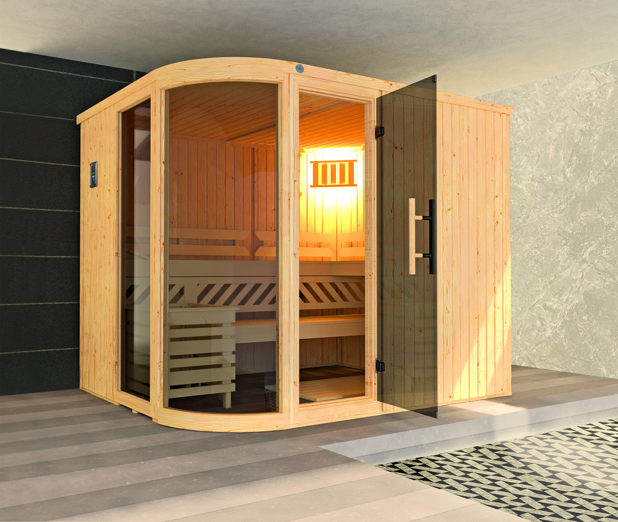 Weka Elementsauna 'Sauna des Jahres' 244 x 194 cm mit Ofen 'OS', Glastür, Fenster