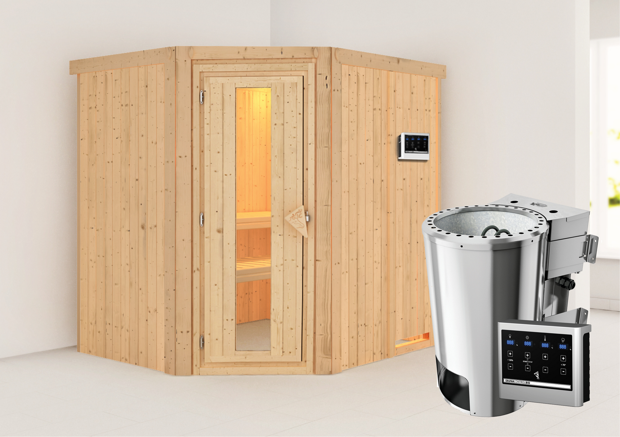 Karibu Elementsauna 'Carolina' naturbelassen mit Energiespartür 3,6 kW Bio-Ofen externe Steuerung Easy 196 x 170 x 198 c...