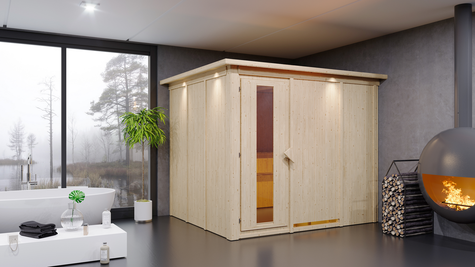 Karibu Elementsauna 'Alisa' naturbelassen mit Kranz und Energiespartür 9 kW Ofen integrierte Steuerung, Klimamesser, San...