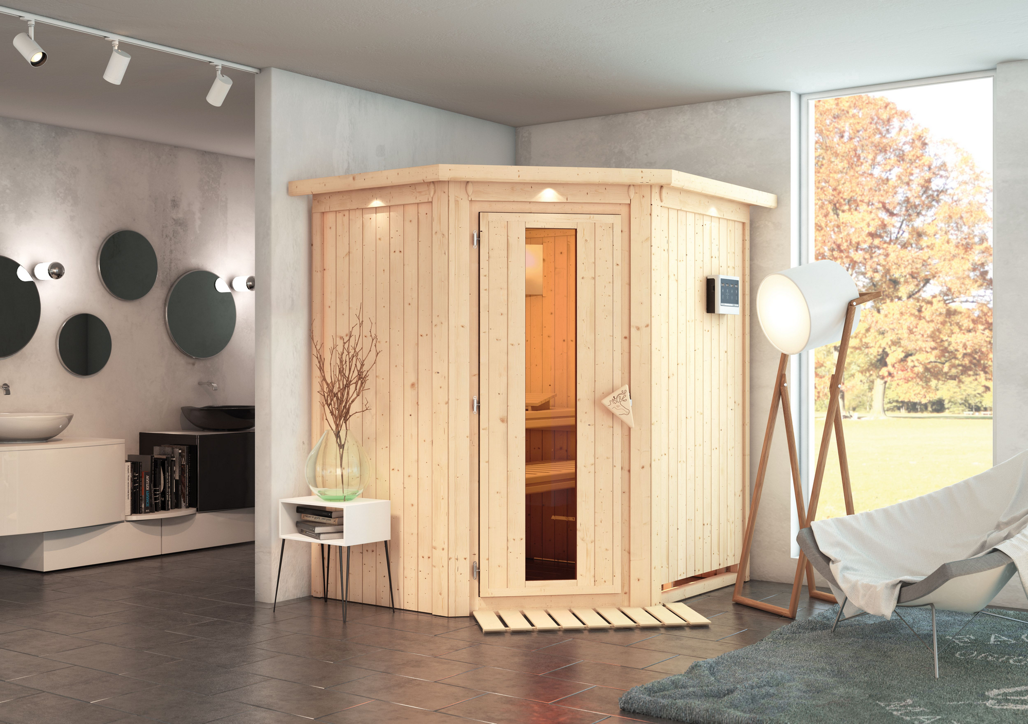 Karibu Elementsauna 'Adriana' naturbelassen mit Kranz und Energiespartür 9 kW Bio-Ofen externe Steuerung Easy 184 x 165 ...