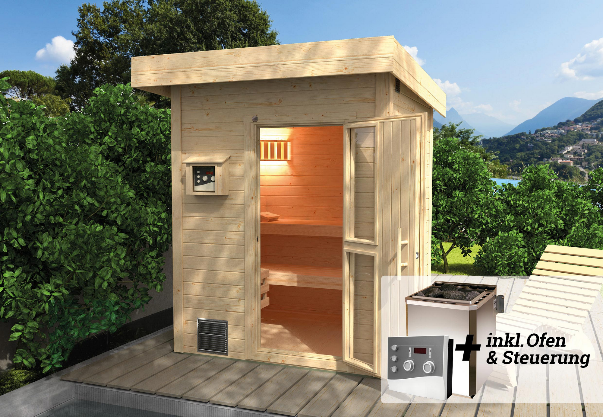 Weka Saunahaus 'Naantali' natur mit 9 kW BioS-Ofenset, externe Steuerung 186,6 x 186,6 x 253