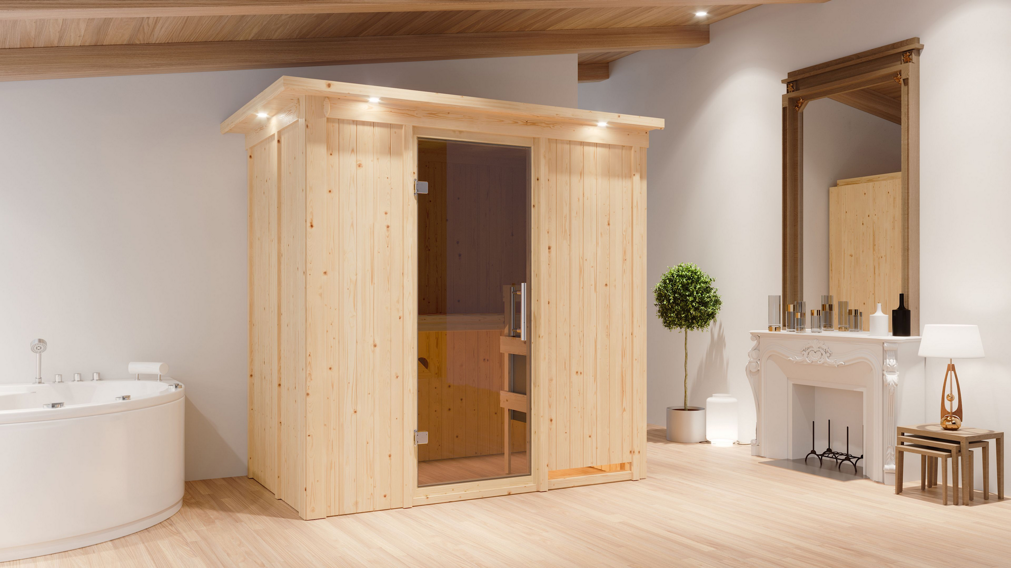 Karibu Elementsauna 'Aina' naturbelassen mit Kranz und graphitfarbener Tür 9 kW Ofen externe Steuerung Easy 210 x 132 x ...