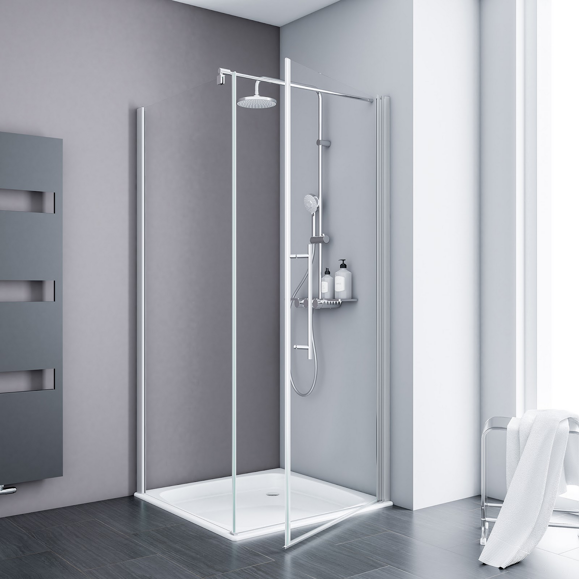 Thumbnail - Schulte Eckdusche mit Drehtür 'ExpressPlus - Alexa Style 2.0' inkl. Seitenwand und Duschwanne flach 80 x 80 x 192 cm, mi...