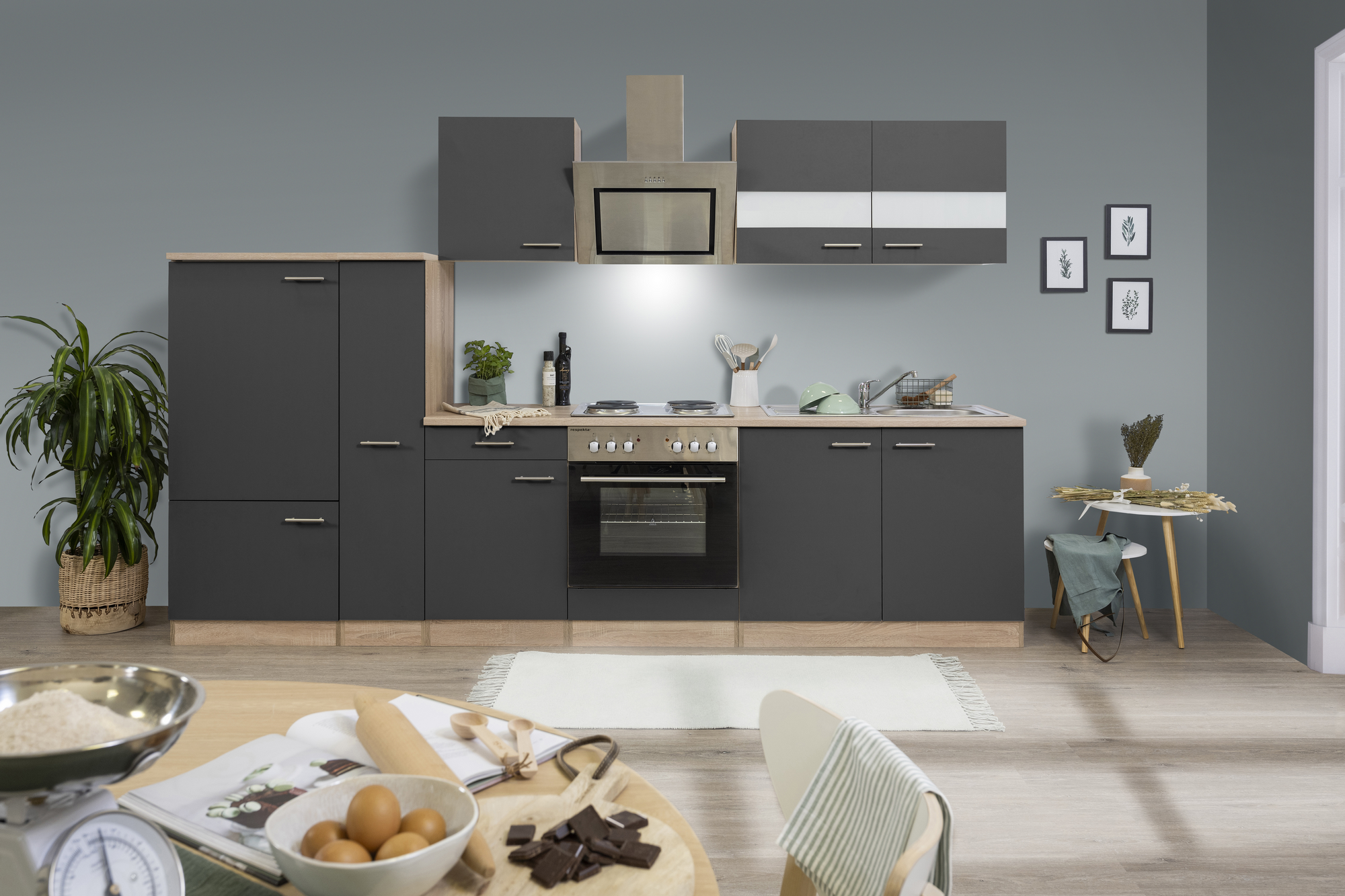Respekta Küchenzeile 'Merle' mit E-Geräten KB300ESGS grau/eichefarben 300 cm
