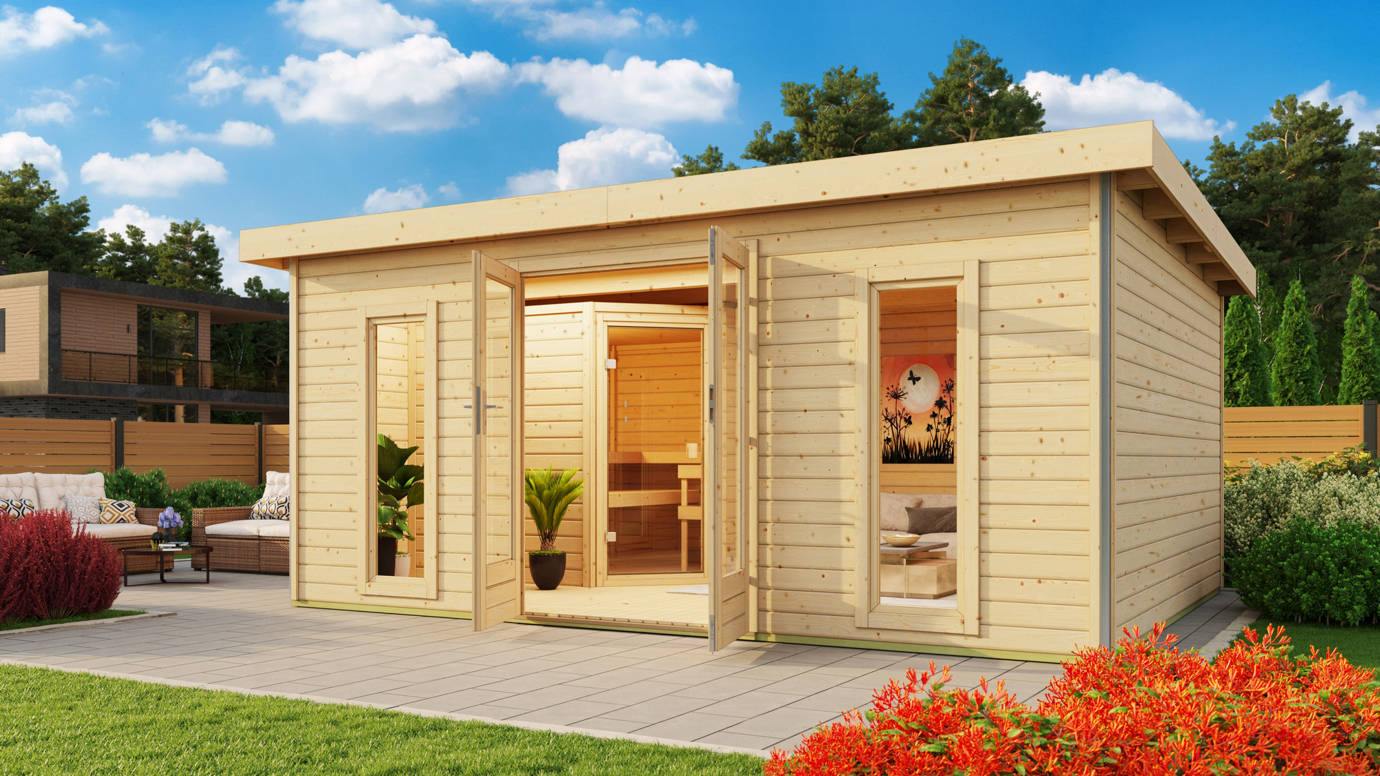 Karibu Saunahaus 'Francisco 4' B naturbelassen 9 kW Bio-Ofen externe Steuerung 490 x 369 x 229 cm
