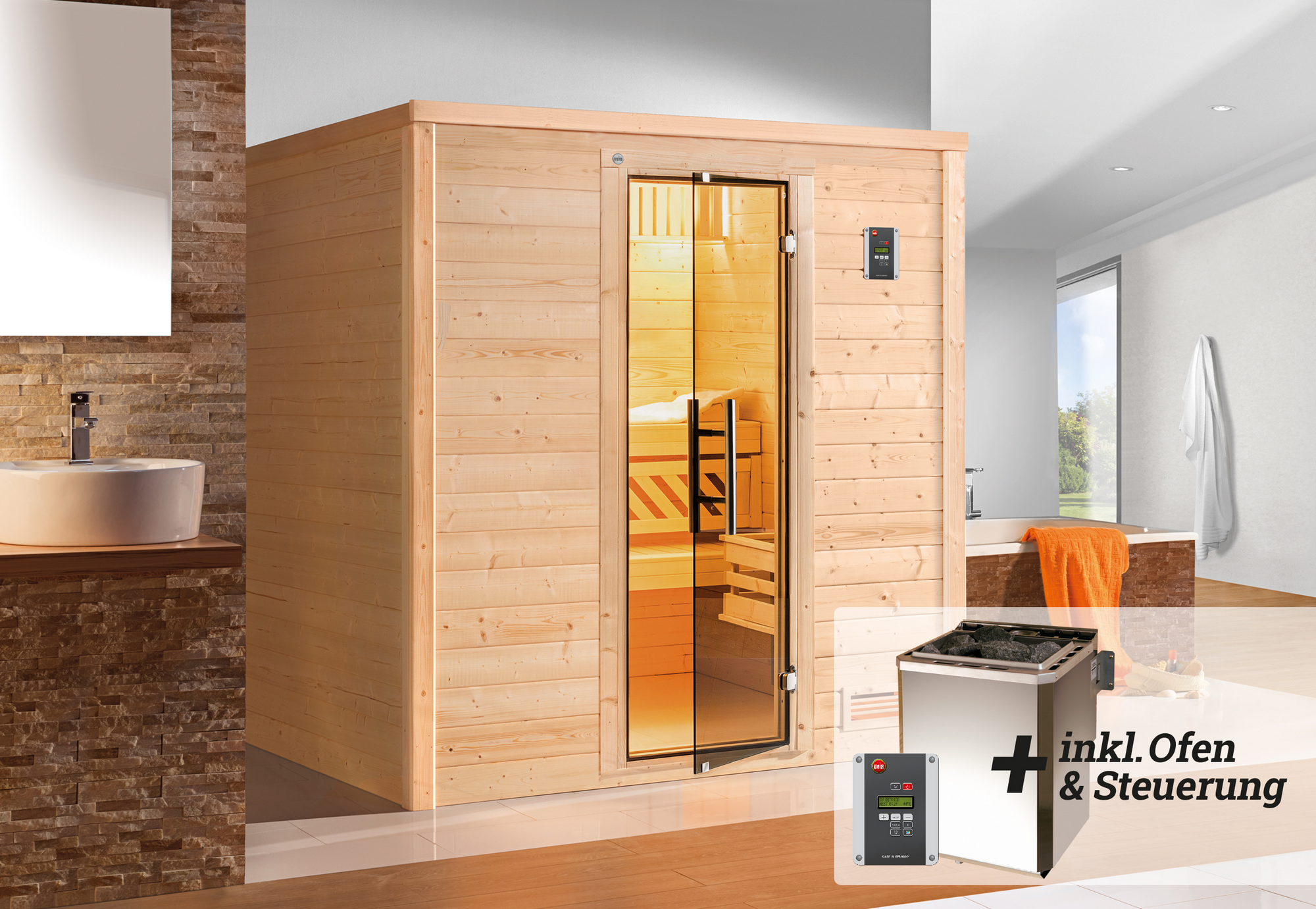 Weka Premium-Massivholzsauna 'Bergen 1' mit 7,5 kW BioS-Ofenset, Steuerung, Glastür 188 x 138 x 205 cm
