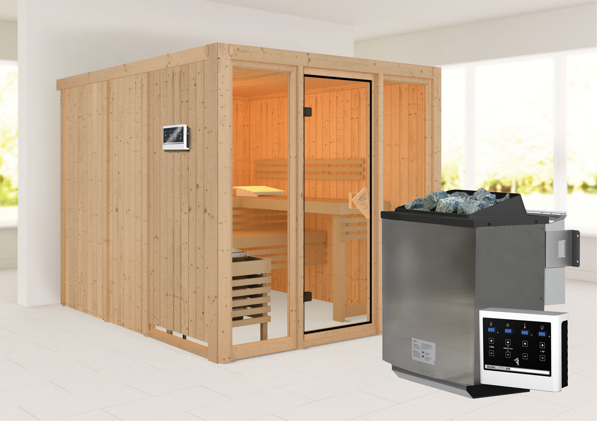 Karibu Elementsauna 'Arabella' naturbelassen mit bronzierter Tür und Glasfront 9 kW Bio-Ofen externe Steuerung 216 x 234...