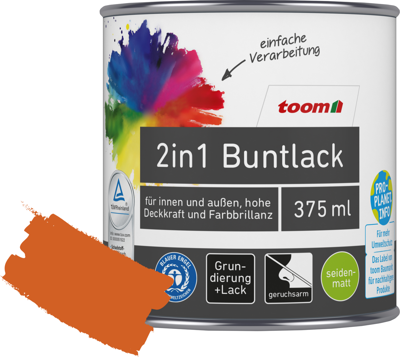 toom 2in1 Buntlack 'Feuerglut' orange seidenmatt 375 ml