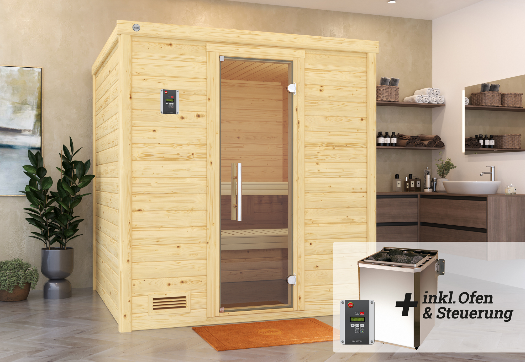 Weka Premium-Massivholzsauna 'Bergen 1.8' mit 7,5 kW BioS-Ofenset, Steuerung, Glastür 188 x 171 x 205 cm