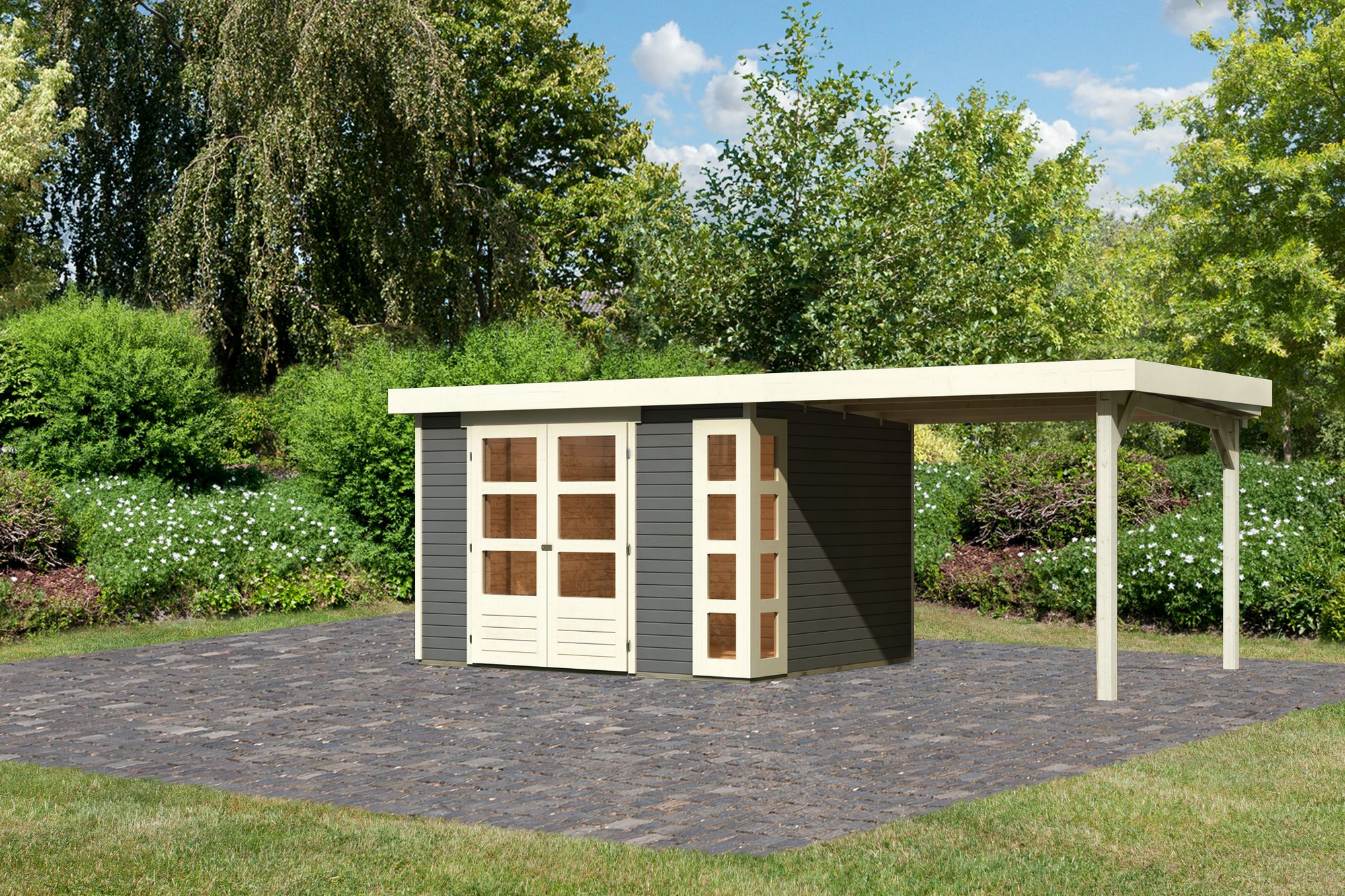 Karibu Gartenhaus-Set 'Terko 5' terragrau mit Anbaudach 591,5 x 210 x 262 cm