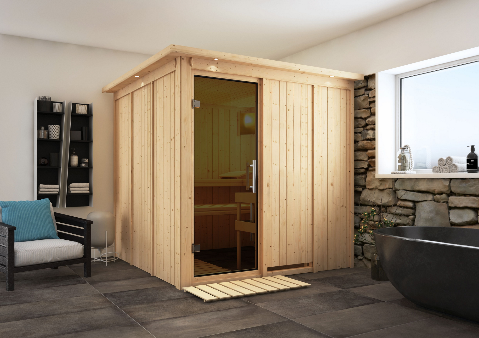 Karibu Elementsauna 'Alesia' naturbelassen mit Kranz und graphitfarbener Tür 210 x 210 x 202 cm