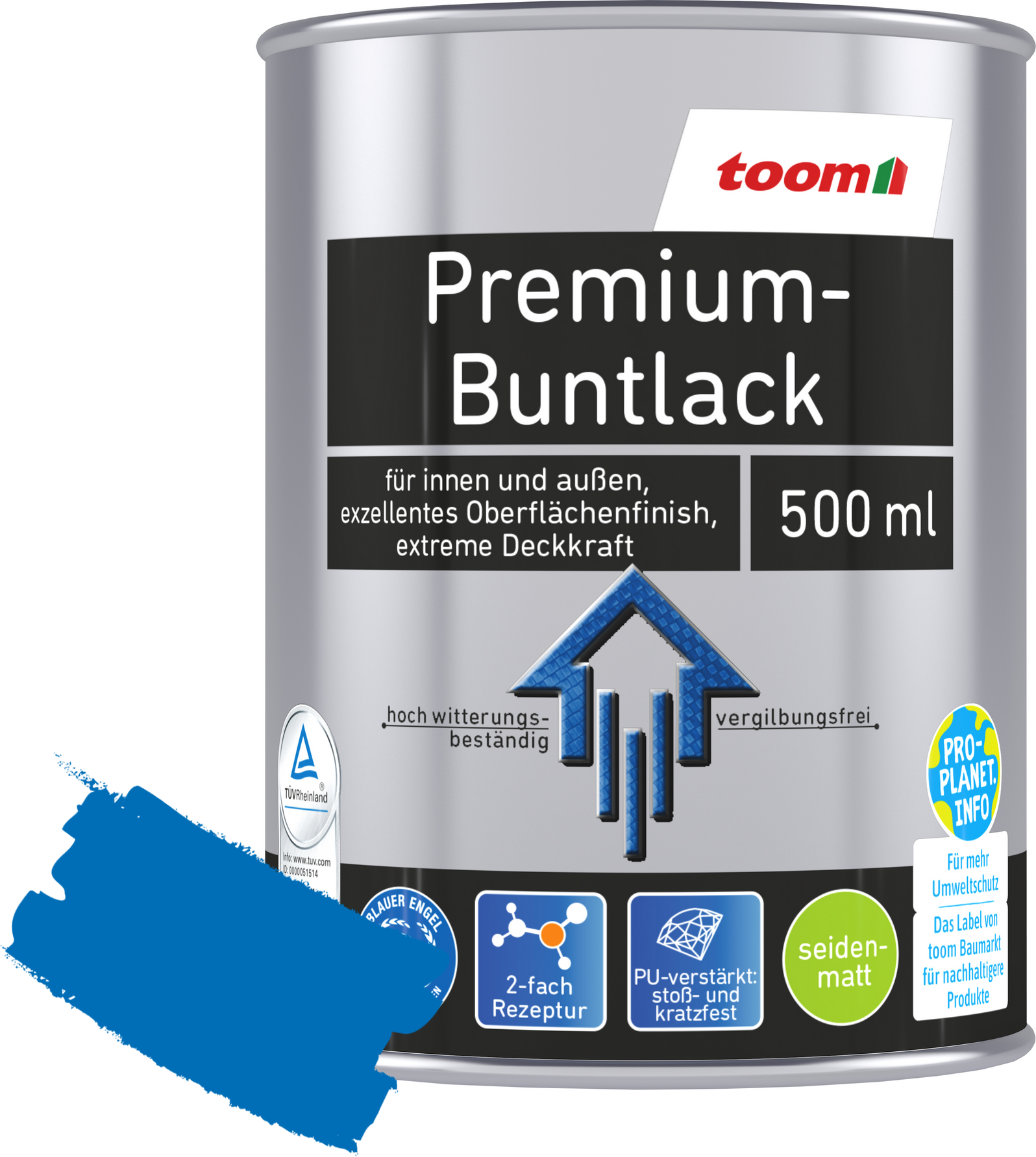 toom Premium-Buntlack pazifikblau seidenmatt 500 ml