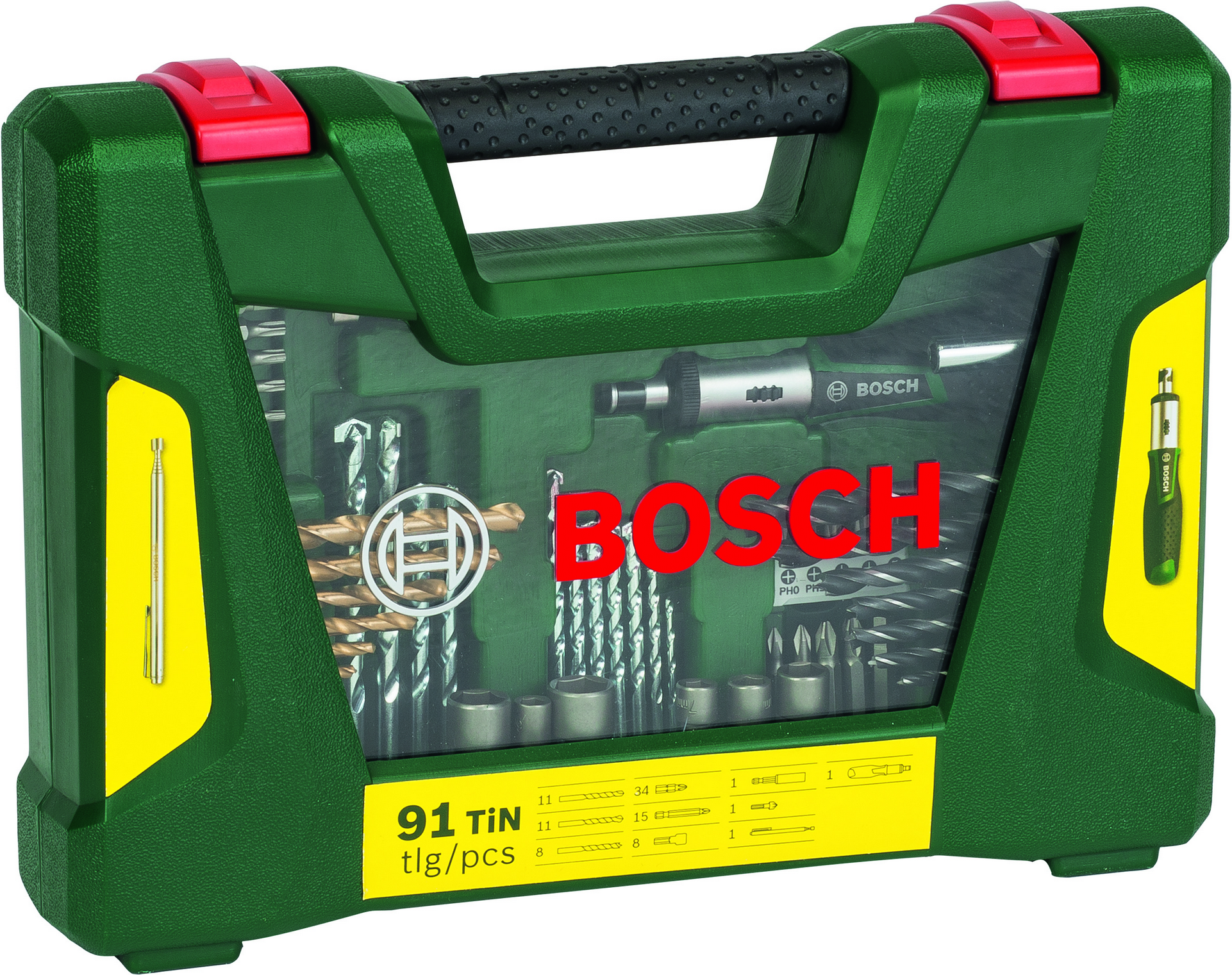 Bosch TiN-Bohrer- und Bit-Set 'V-Line' mit Ratschen-Schraubendreher und Magnetstab, 91-teilig