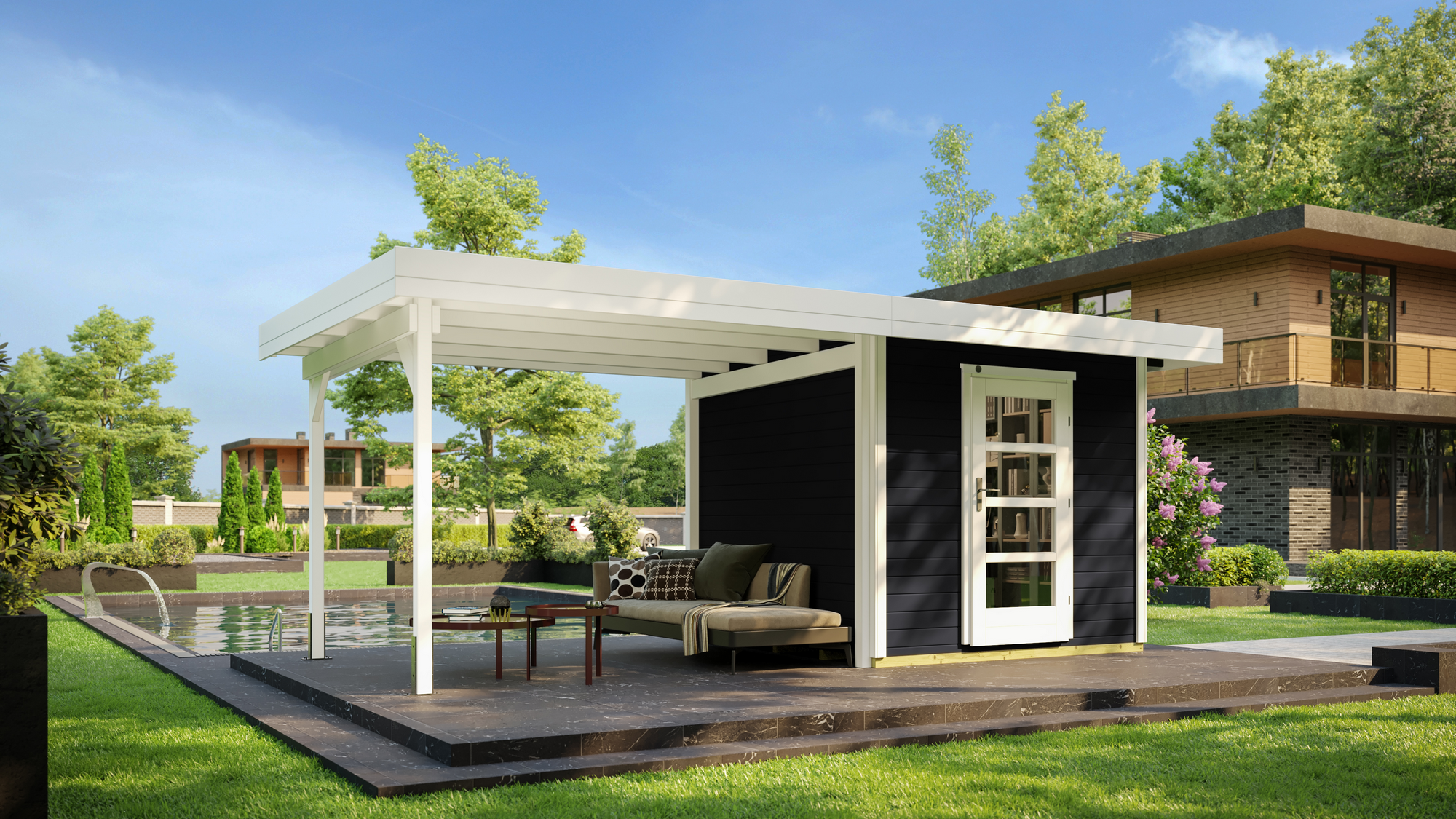 Weka Designhaus '172' anthrazit/weiß 239 x 530 cm mit Anbaudach