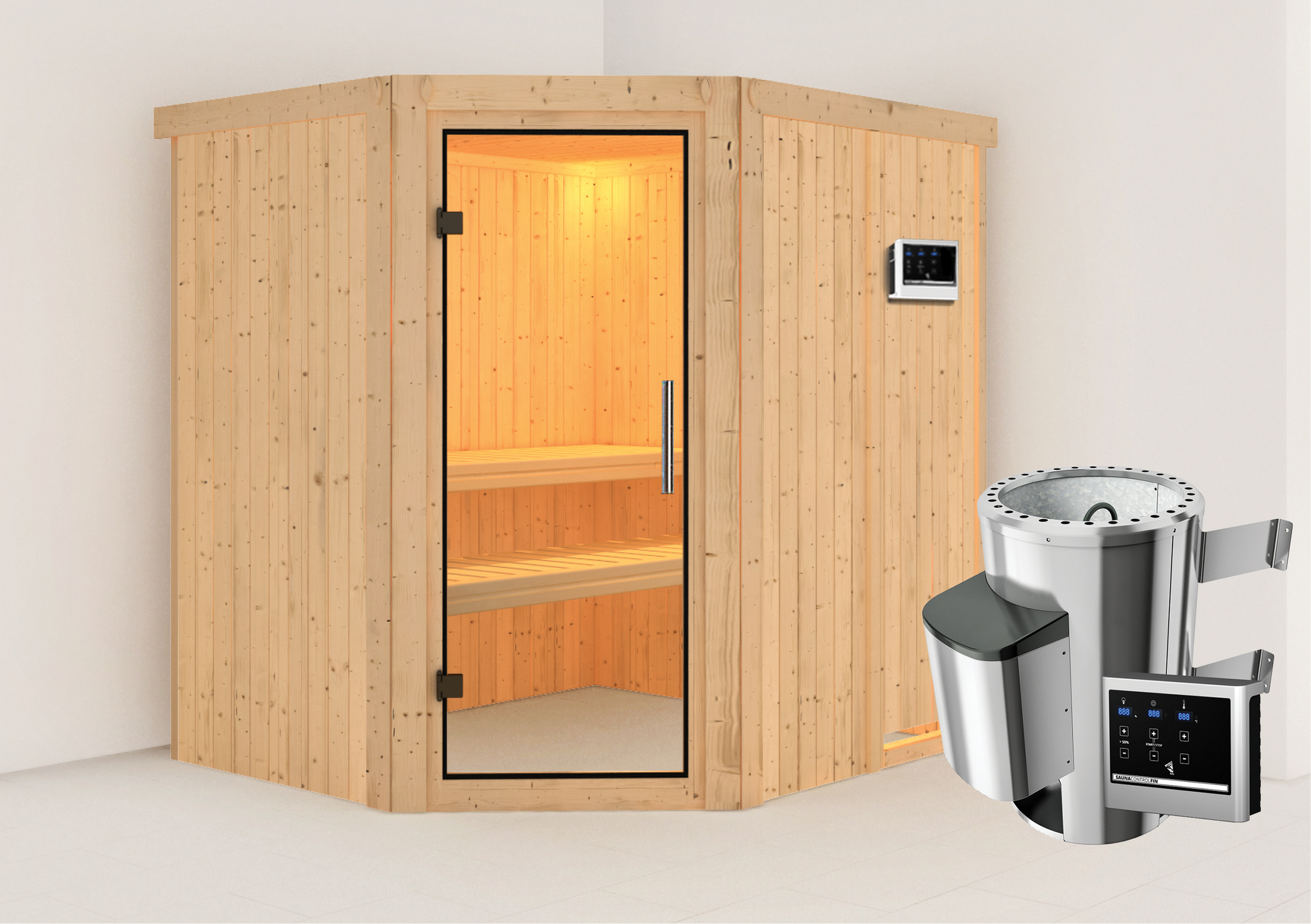 Karibu Elementsauna 'Carolina' naturbelassen mit Klarglastür 3,6 kW Ofen externe Steuerung Easy 196 x 170 x 198 cm