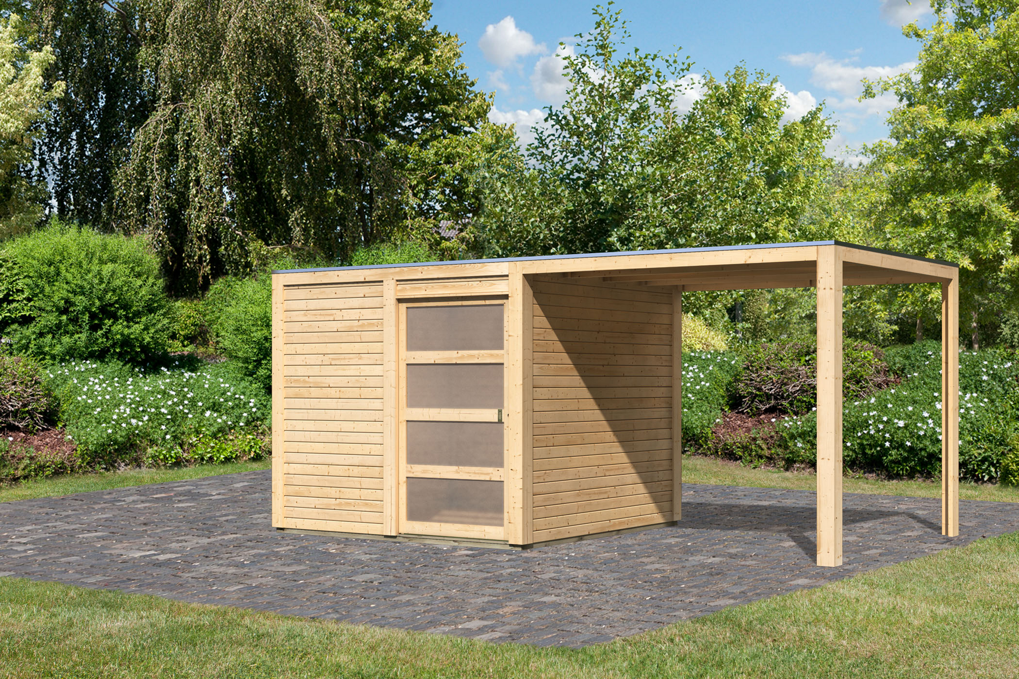 Karibu Gartenhaus-Set 'Quadrado 1' naturbelassen mit Anbaudach 485 x 214 x 246 cm