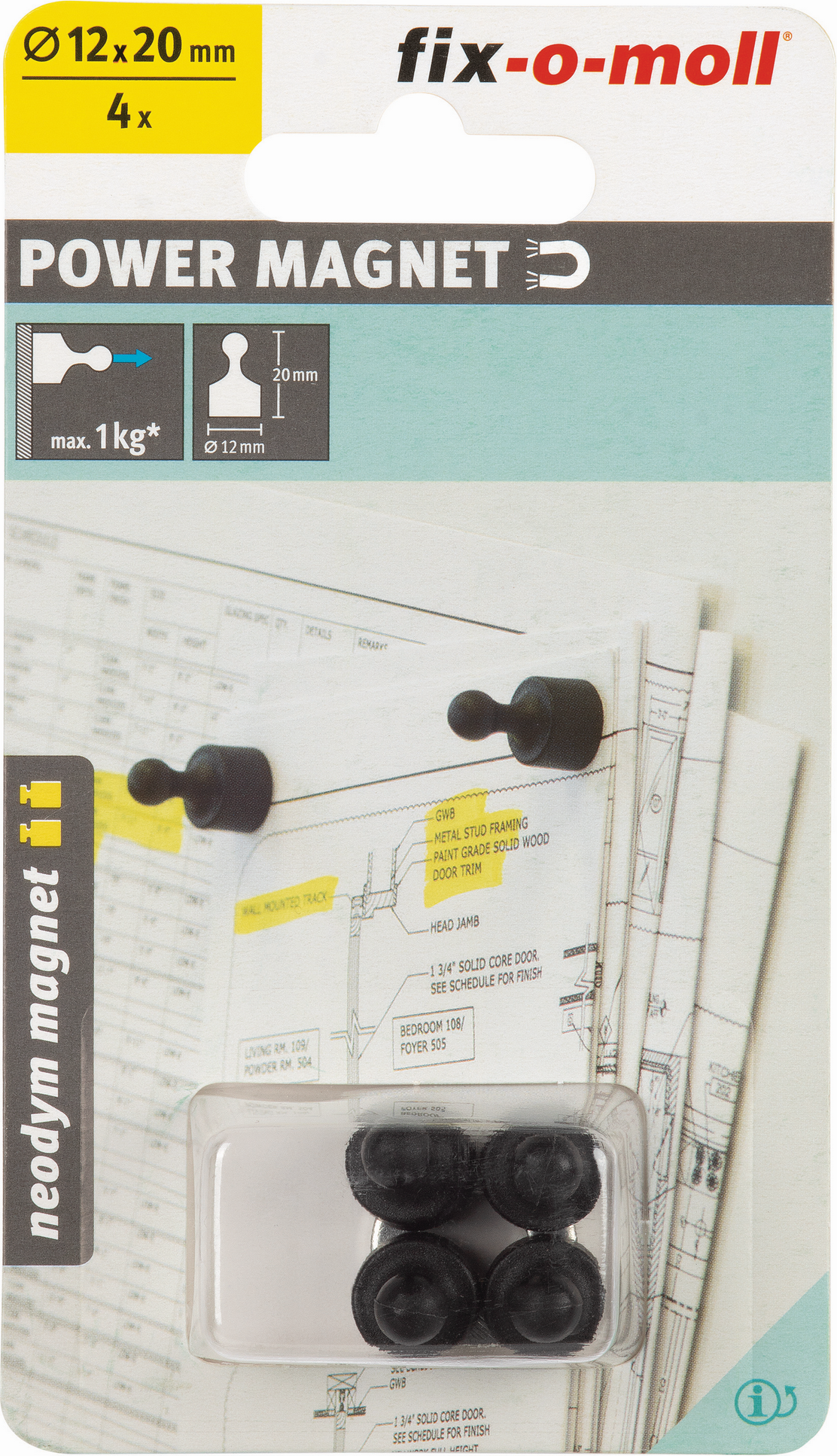 Fix-o-moll Magnetkegel 'Neodym' schwarz Ø 12 x 20 mm, 4 Stück