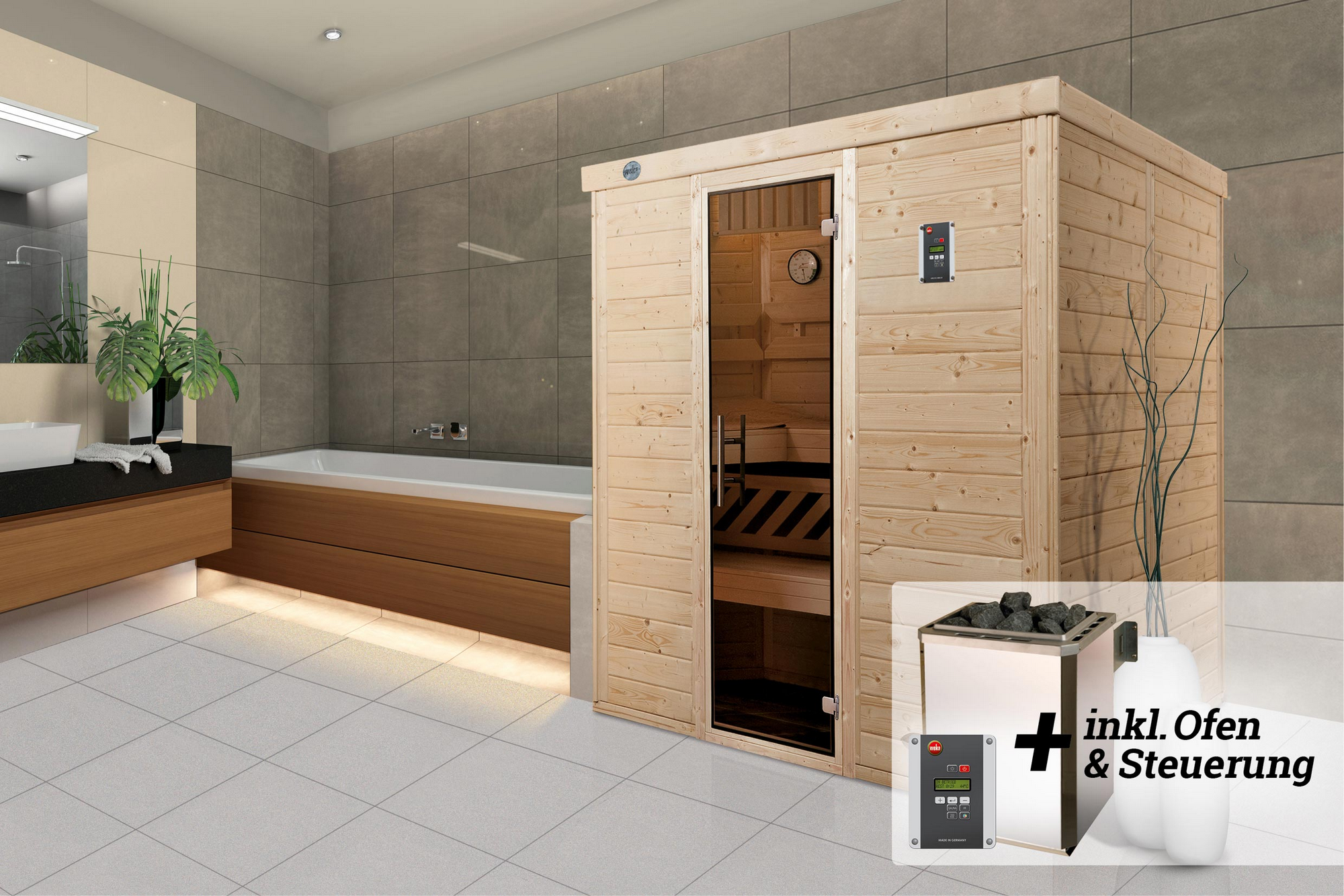 Weka Massivholz-Elementsauna 'Kemi 4' mit 7,5 kW OS-Ofenset, Steuerung, Glastür 188 x 188 x 200 cm