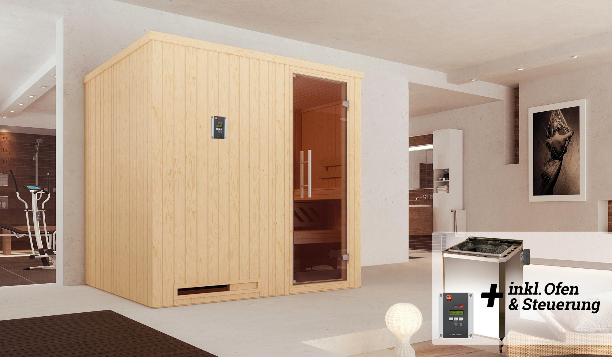 Weka Elementsauna 'Halmstad 2' mit 7,5 kW BioS-Ofenset, Steuerung, Glastür 192 x 175 x 199 cm