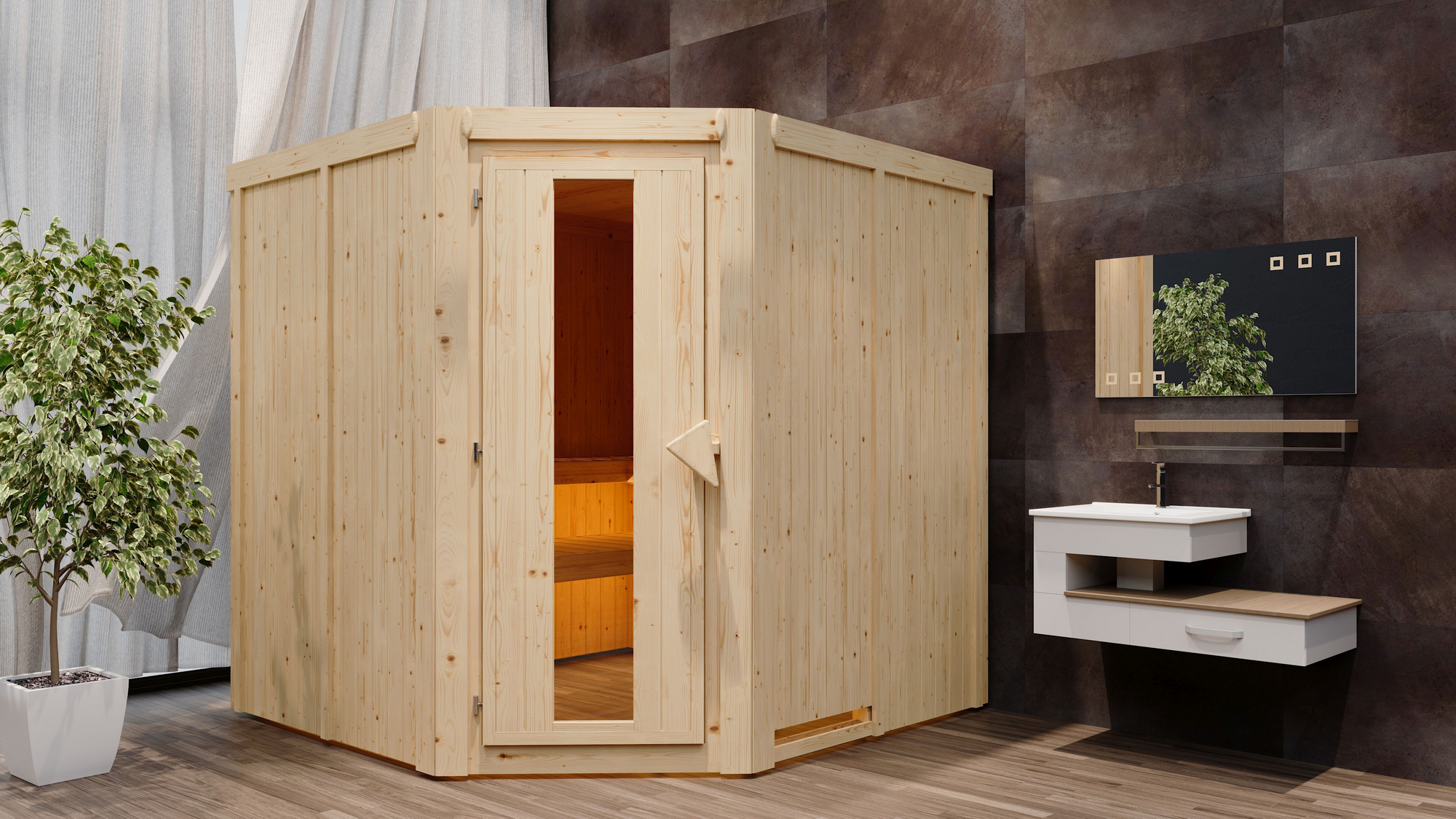 Karibu Elementsauna 'Alicia' naturbelassen mit Energiespartür 9 kW Ofen externe Steuerung Easy 196 x 196 x 198 cm
