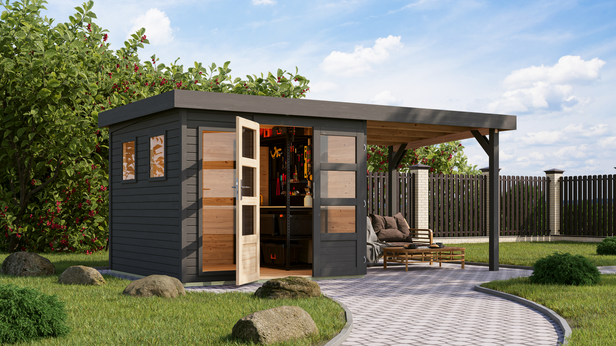 Karibu Gartenhaus-Set 'Marbella' terragrau mit Anbaudach 491 x 211 x 262 cm