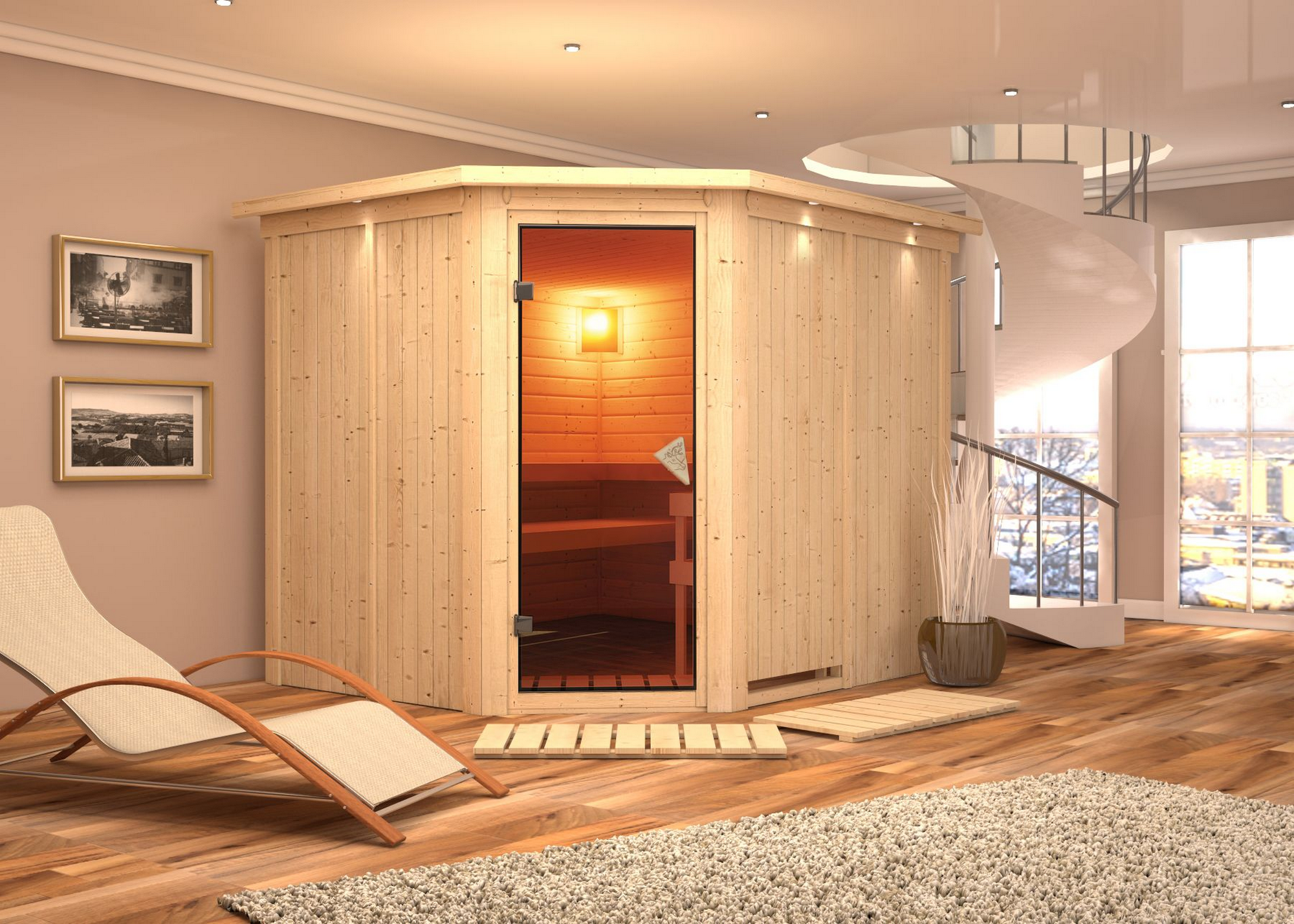 Karibu Elementsauna 'Alma' naturbelassen mit Kranz und bronzierter Tür 245 x 210 x 202 cm