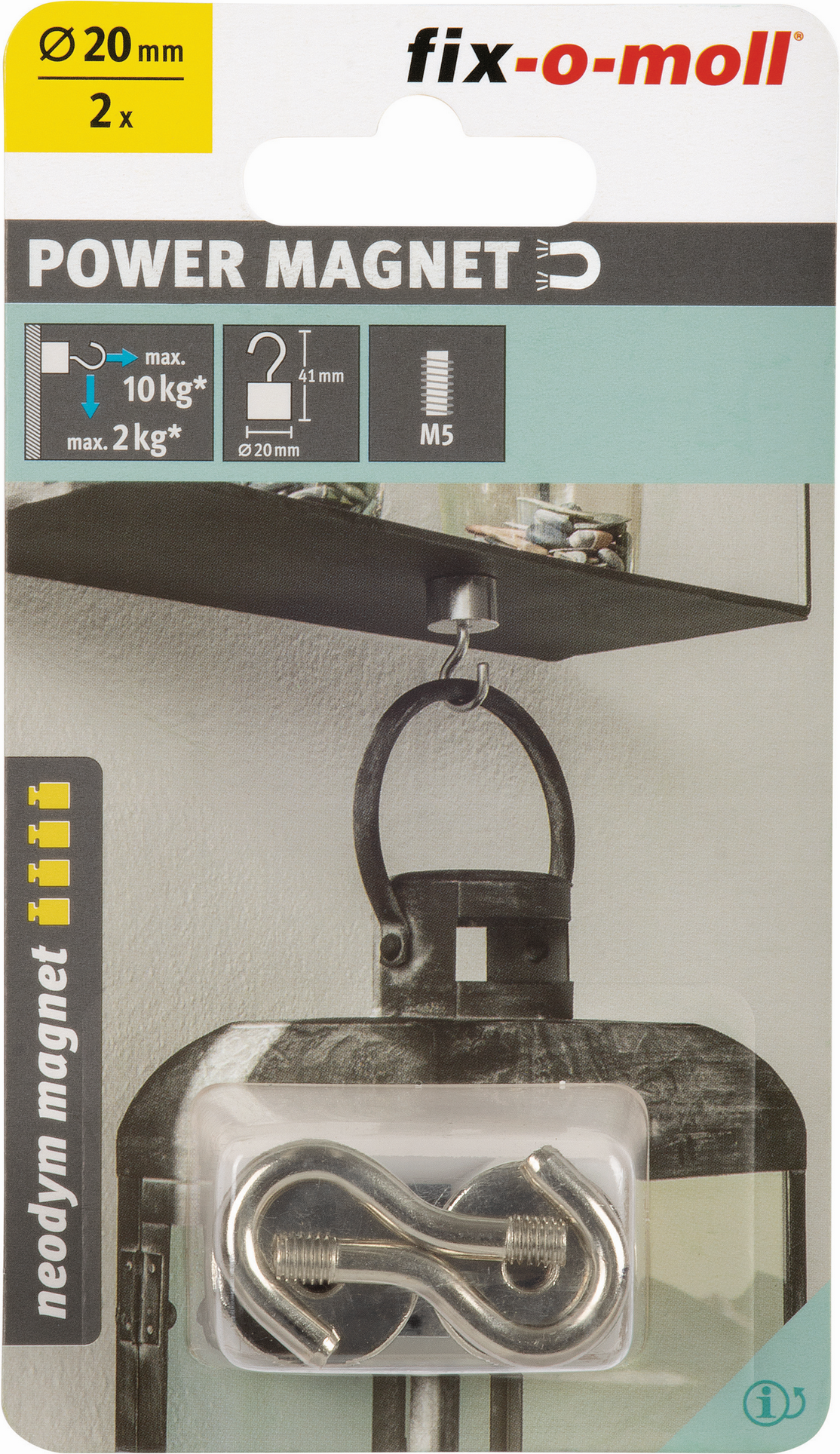 Fix-o-moll Magnethaken 'Neodym' silbern Ø 20 x 41 mm, 2 Stück