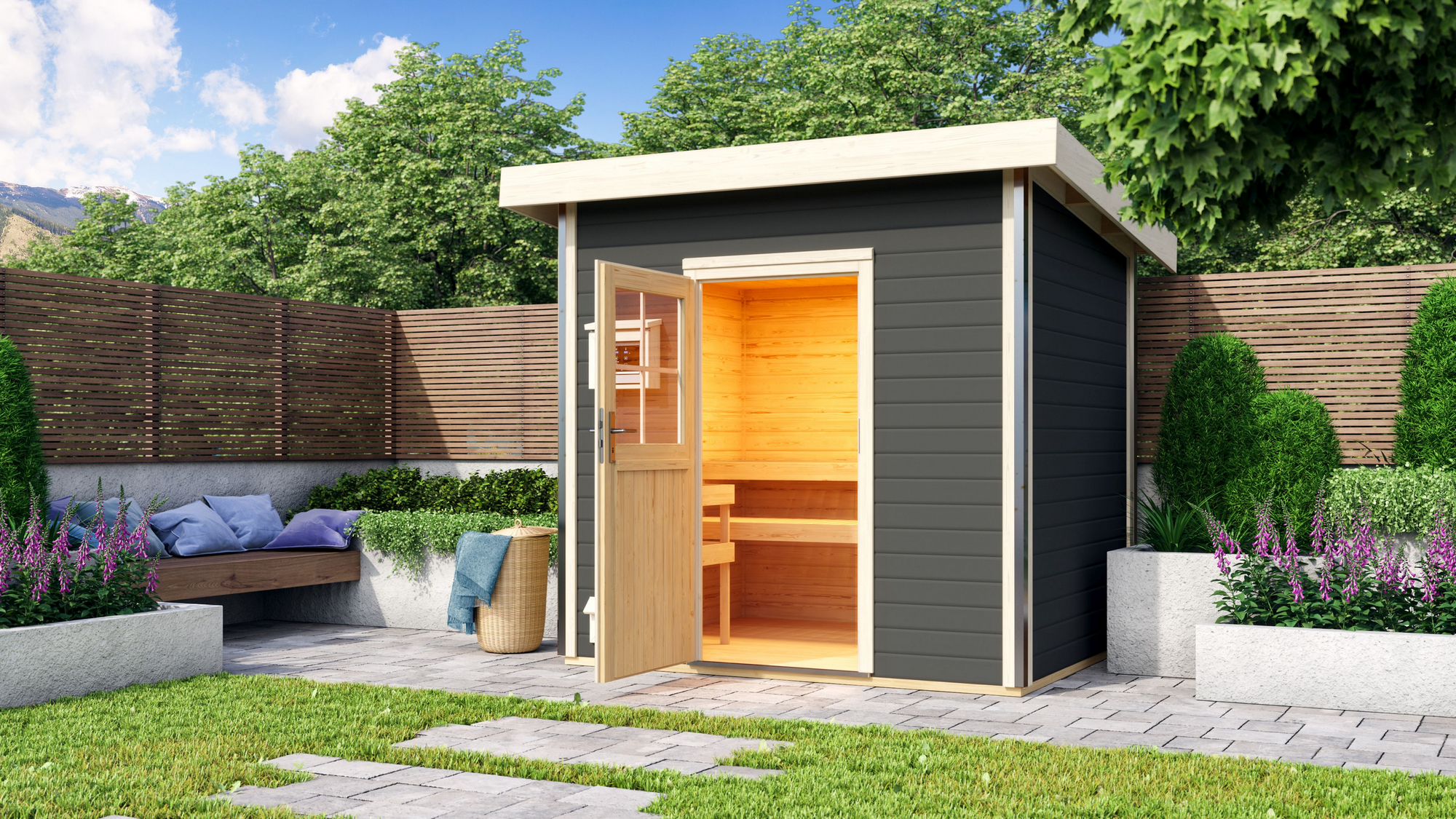 Karibu Saunahaus 'Norge' terragrau mit klassischer Tür 9 kW Ofen externe Steuerung Easy 231 x 196 x 238 cm