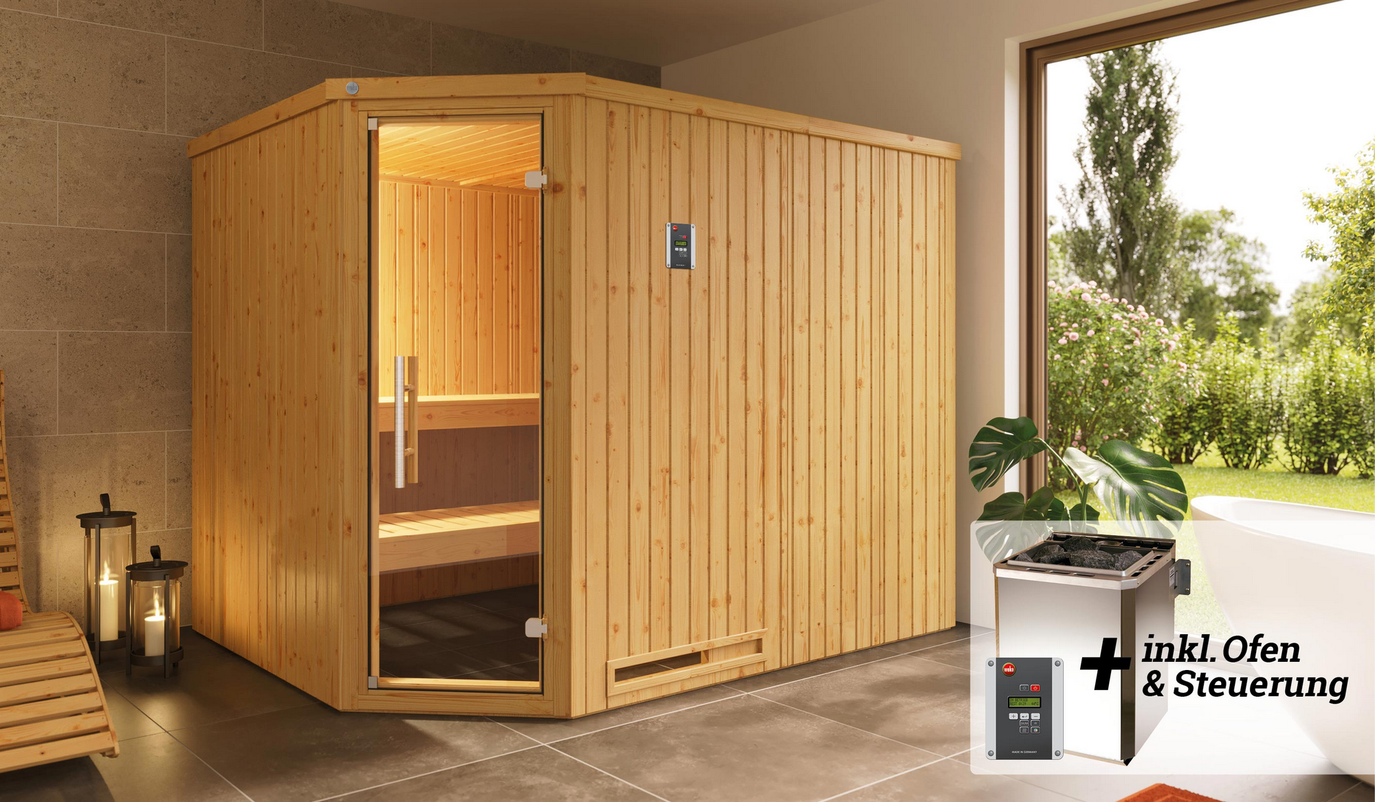 Weka Elementsauna 'Varberg 4' mit 7,5 kW BioS-Ofenset, Steuerung, Glastür 242 x 192 x 199 cm