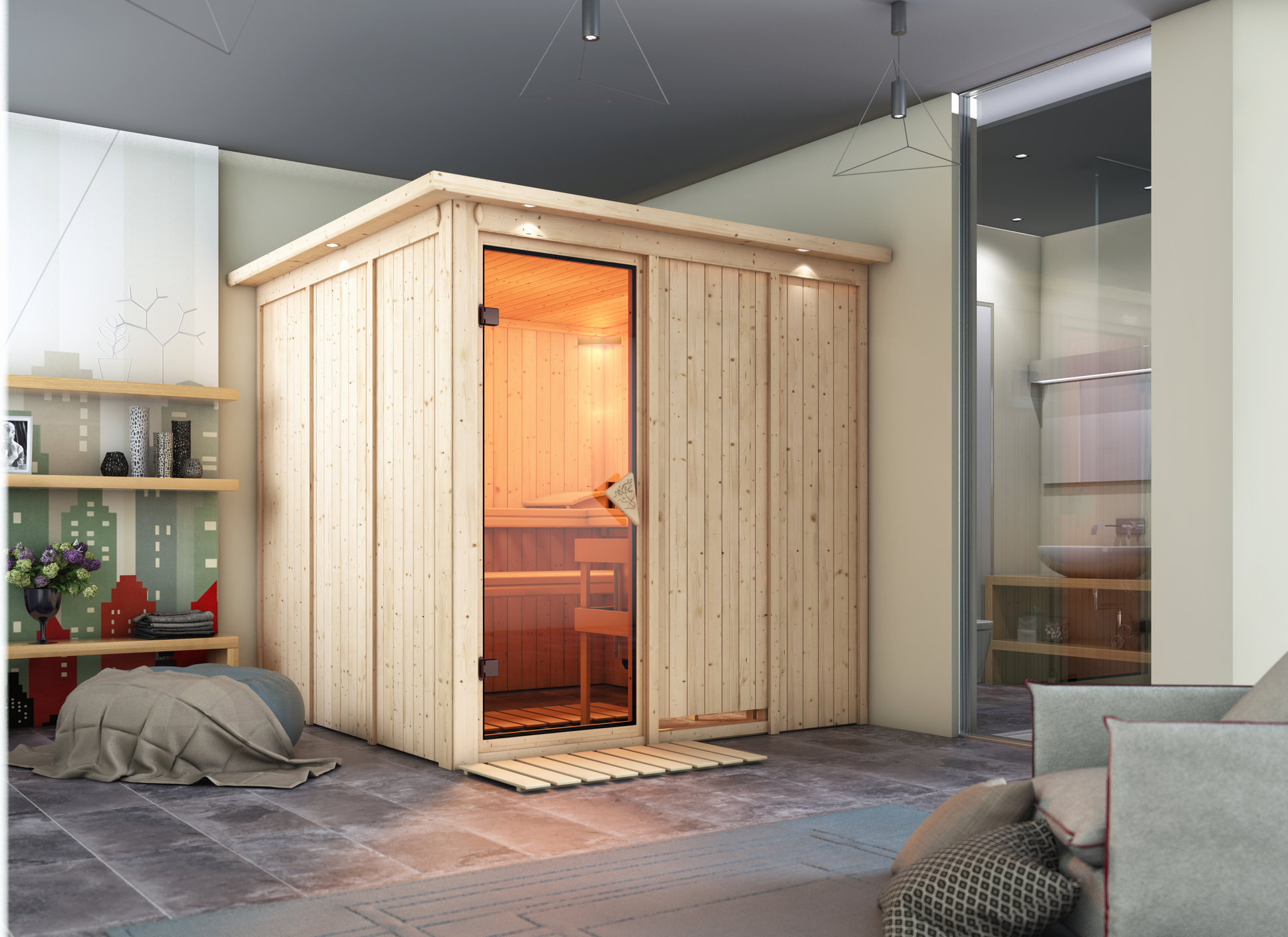 Karibu Elementsauna 'Alesia' naturbelassen mit Kranz 9 kW Ofen integrierte Steuerung 210 x 210 x 202 cm