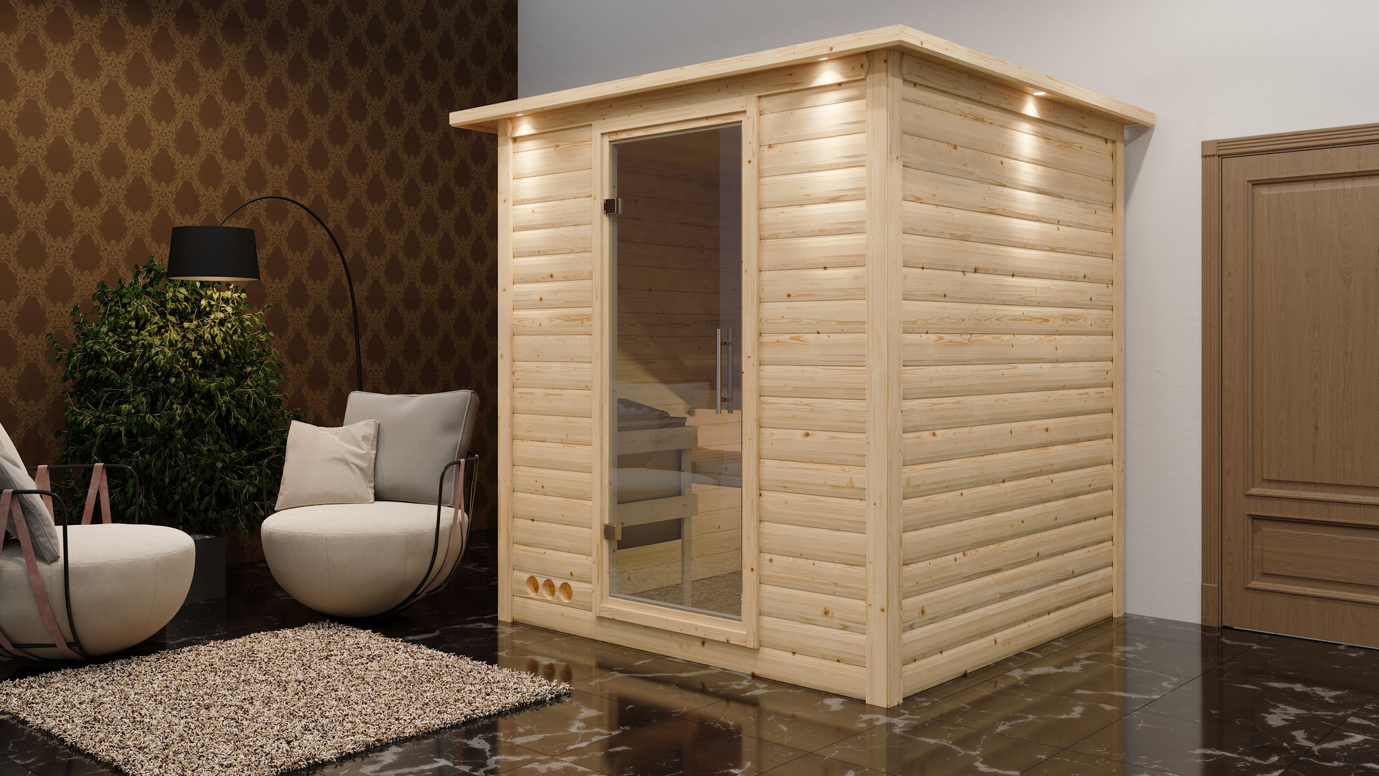 Karibu Massivholzsauna 'Luna' naturbelassen mit Kranz und Klarglastür 9 kW Bio-Ofen externe Steuerung easy 224 x 210 x 2...