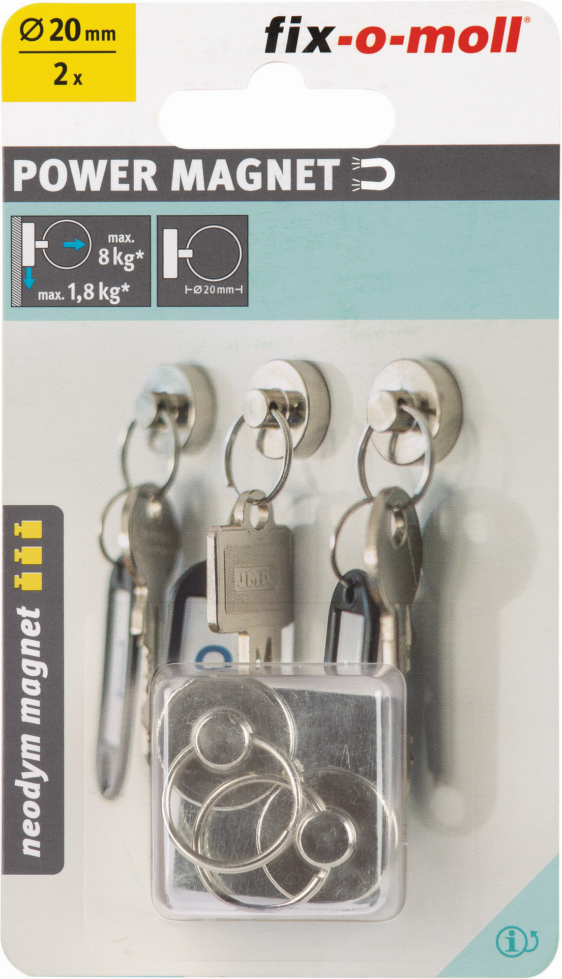 Fix-o-moll Topfmagnet 'Neodym' silbern Schlüsselring Ø 20 mm, 2 Stück