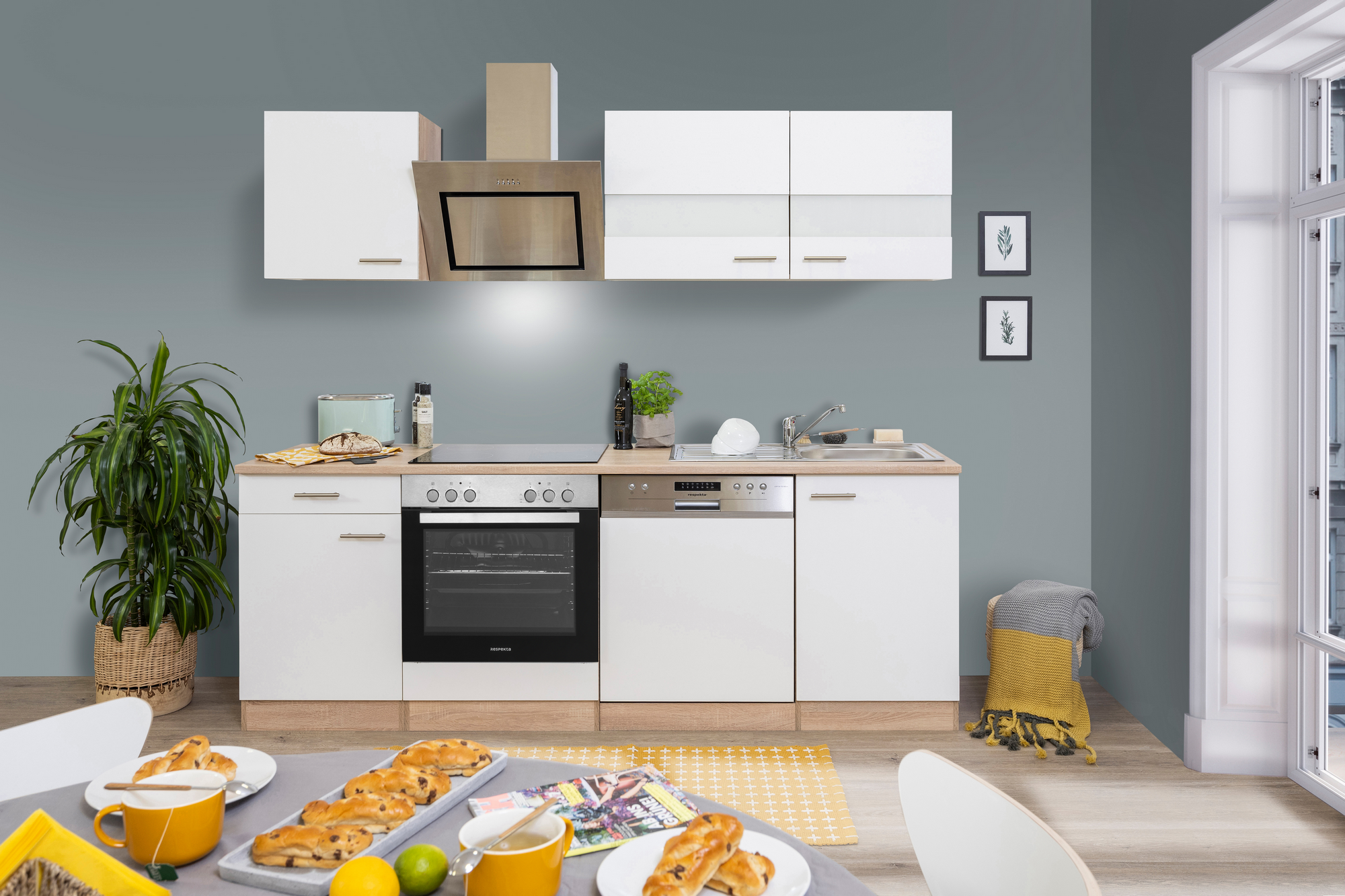 Respekta Küchenzeile 'Merle' mit E-Geräten KB220ESWSC weiß/eichefarben 220 cm