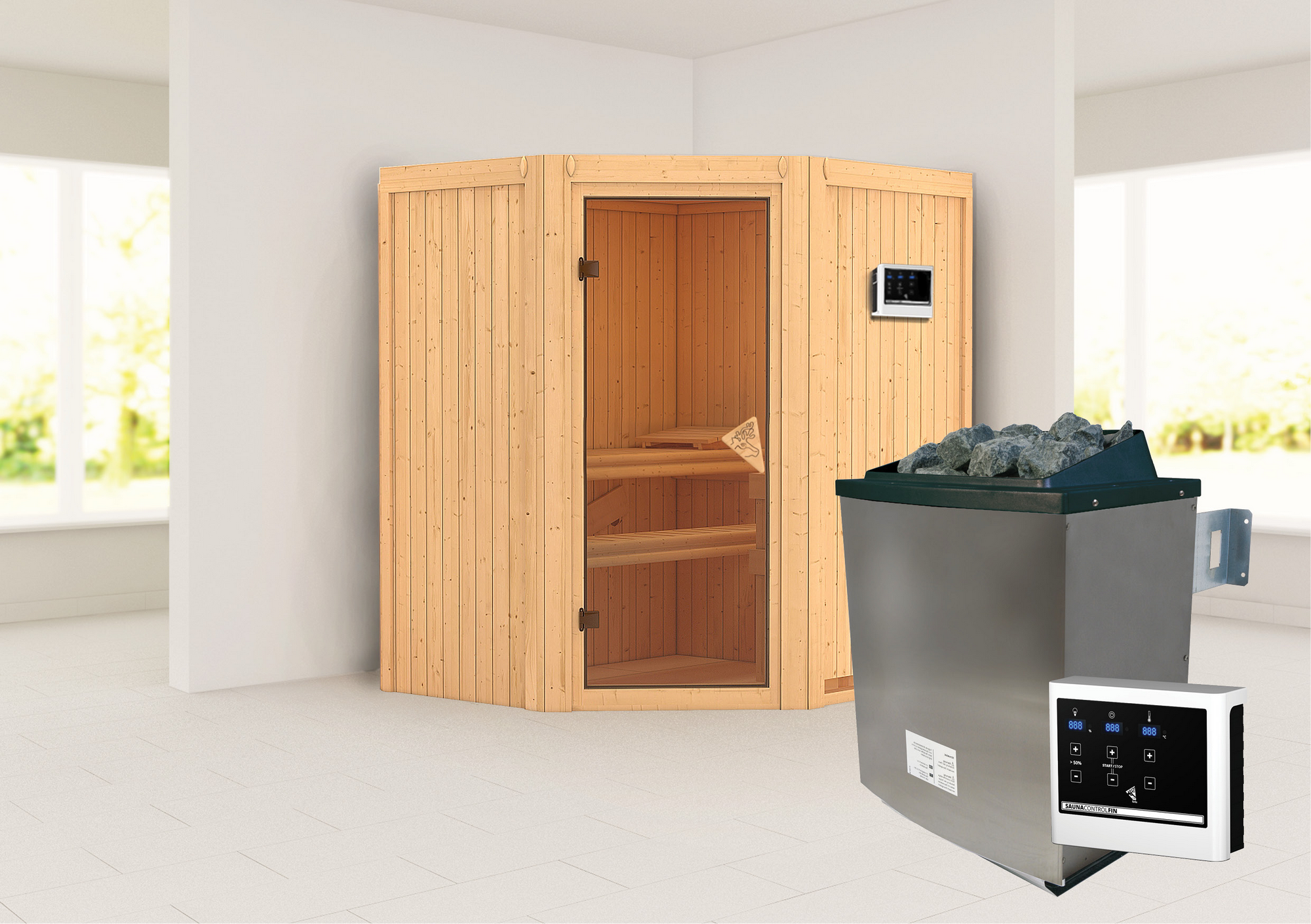 Karibu Elementsauna 'Adriana' naturbelassen mit bronzierter Tür 9 kW Ofen externe Steuerung Easy 170 x 151 x 198 cm