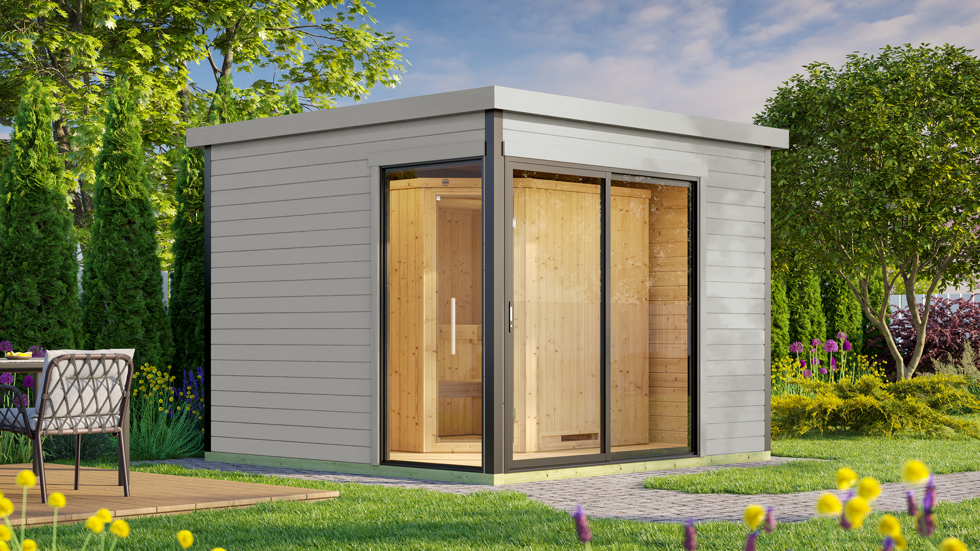 Thumbnail - Weka Design-Saunahaus '412' hellgrau mit Sauna Varberg 3, Steuerung 7,5 kW BioS-Ofen 320 x 320 x 239 cm