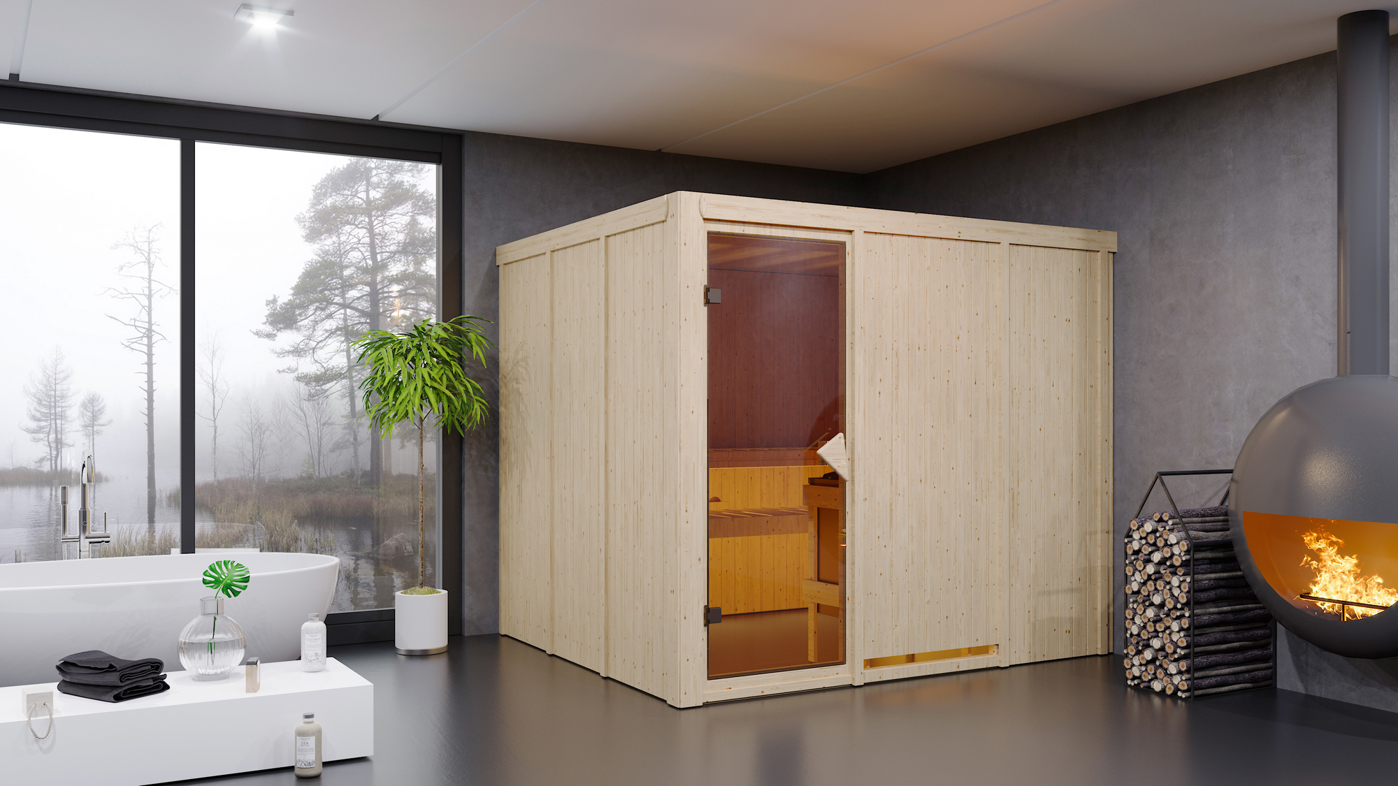 Karibu Elementsauna 'Alisa' naturbelassen 9 kW Ofen Edelstahl externe Steuerung Easy 231 x 196 x 198 cm