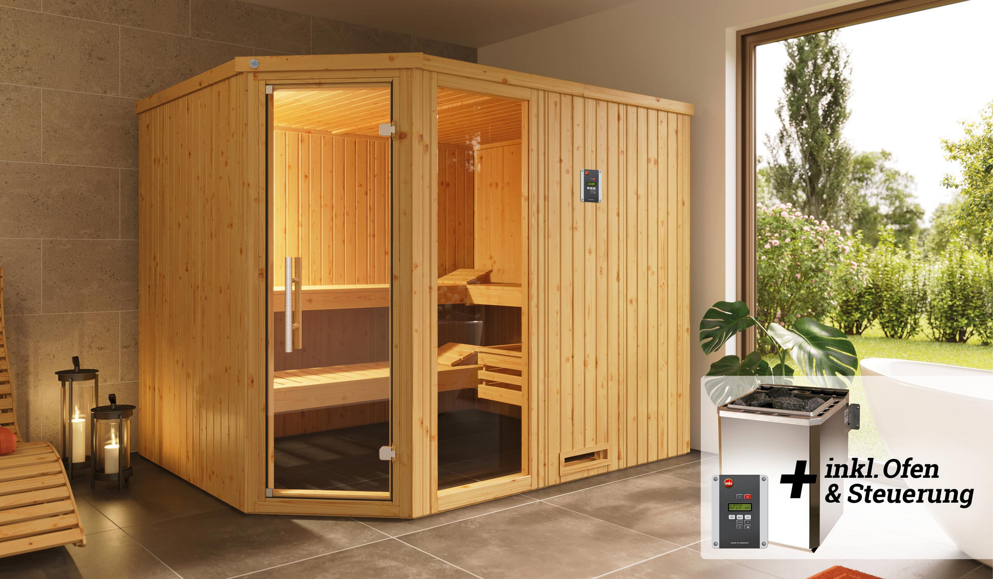 Weka Elementsauna 'Varberg 4' mit 7,5 kW BioS-Ofenset, Steuerung, Glastür, Fenster 242 x 192 x 199 cm