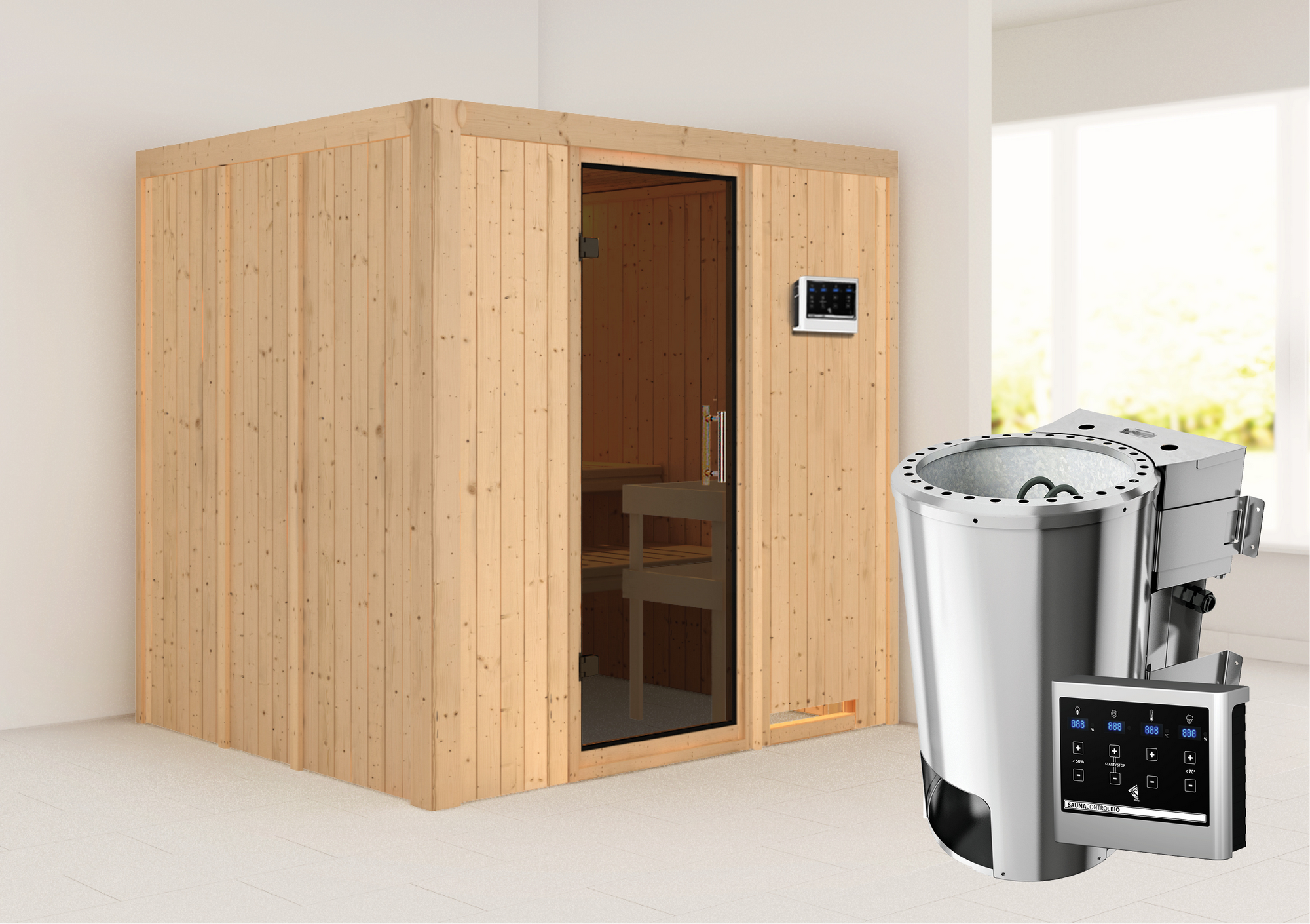 Karibu Elementsauna 'Carmen' naturbelassen mit graphitfarbener Tür 3,6 kW Bio-Ofen externe Steuerung Easy 196 x 170 x 19...