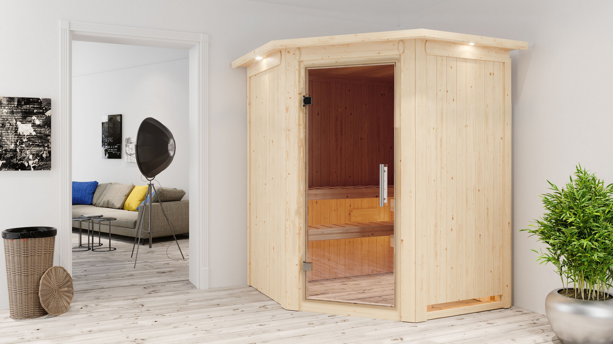 Karibu Elementsauna 'Adora' naturbelassen mit Kranz und Klarglastür 9 kW Ofen externe Steuerung easy 165 x 165 x 202 cm