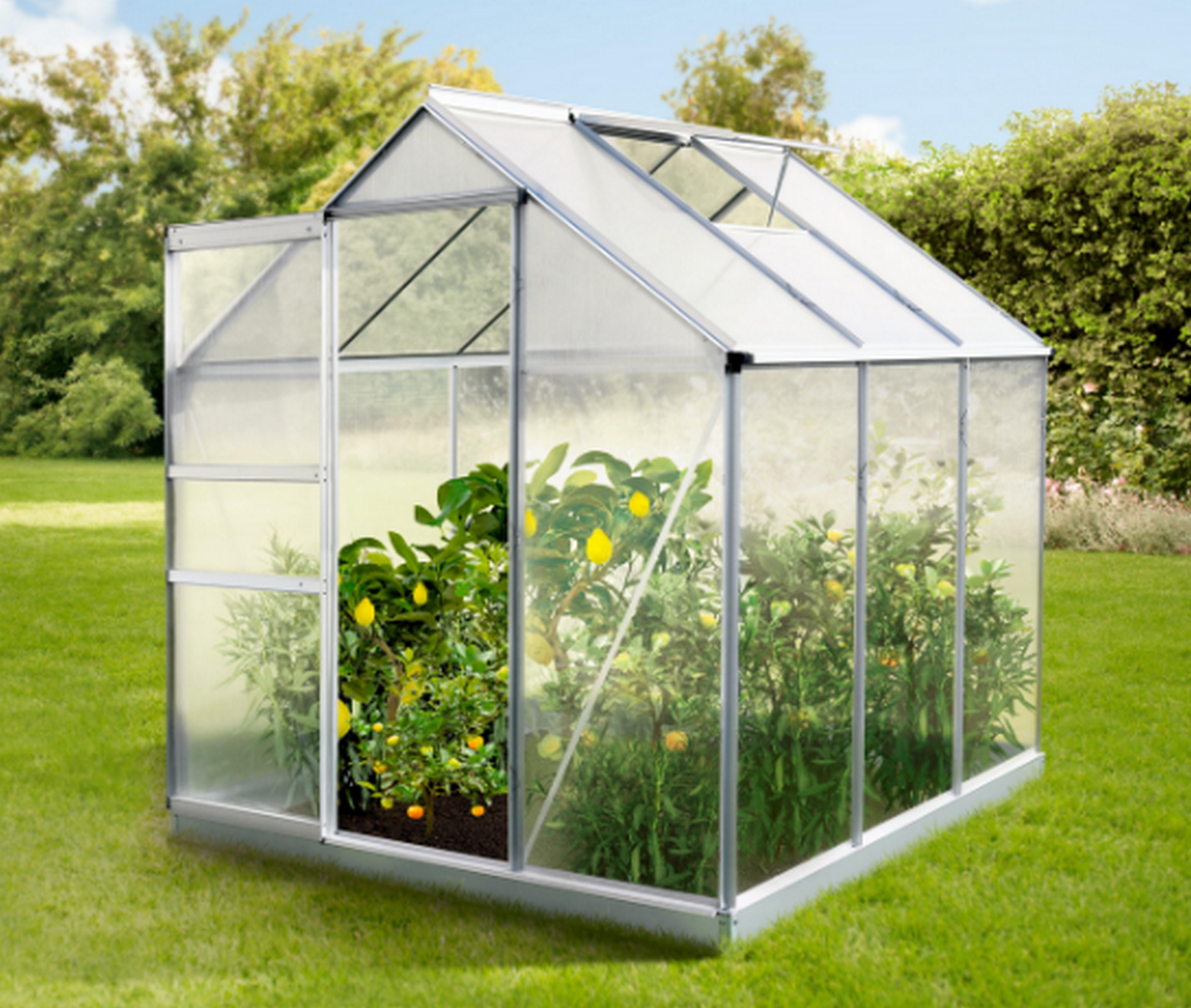 Gewächshaus 'Michelle' 190 x 190 cm mit 4 mm Hohlkammerplatten aluminiumfarben