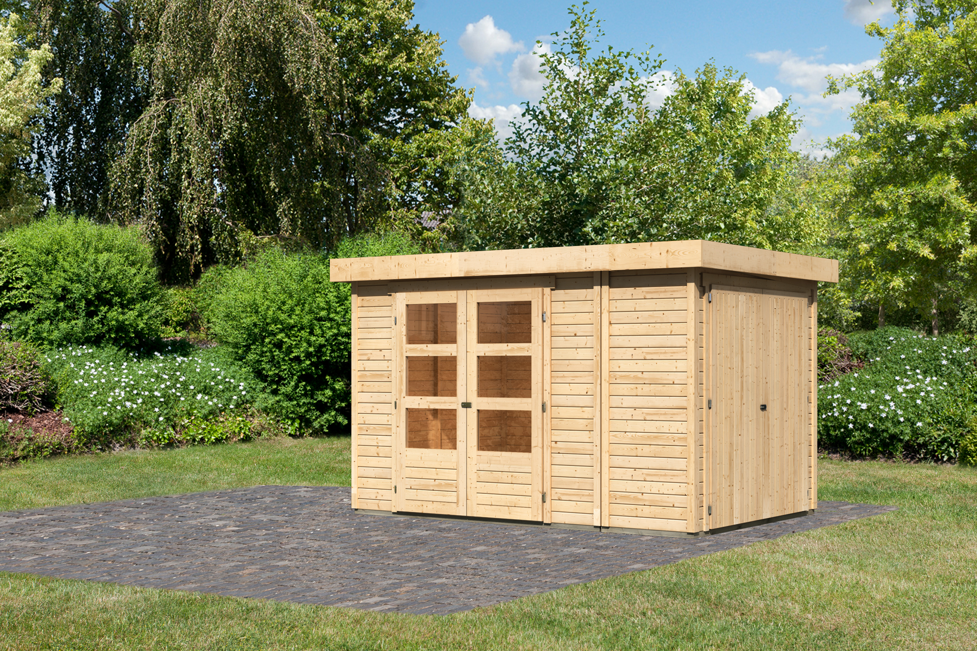 Karibu Gartenhaus-Set 'Betola 3' naturbelassen mit Anbauschrank 342 x 211 x 238 cm