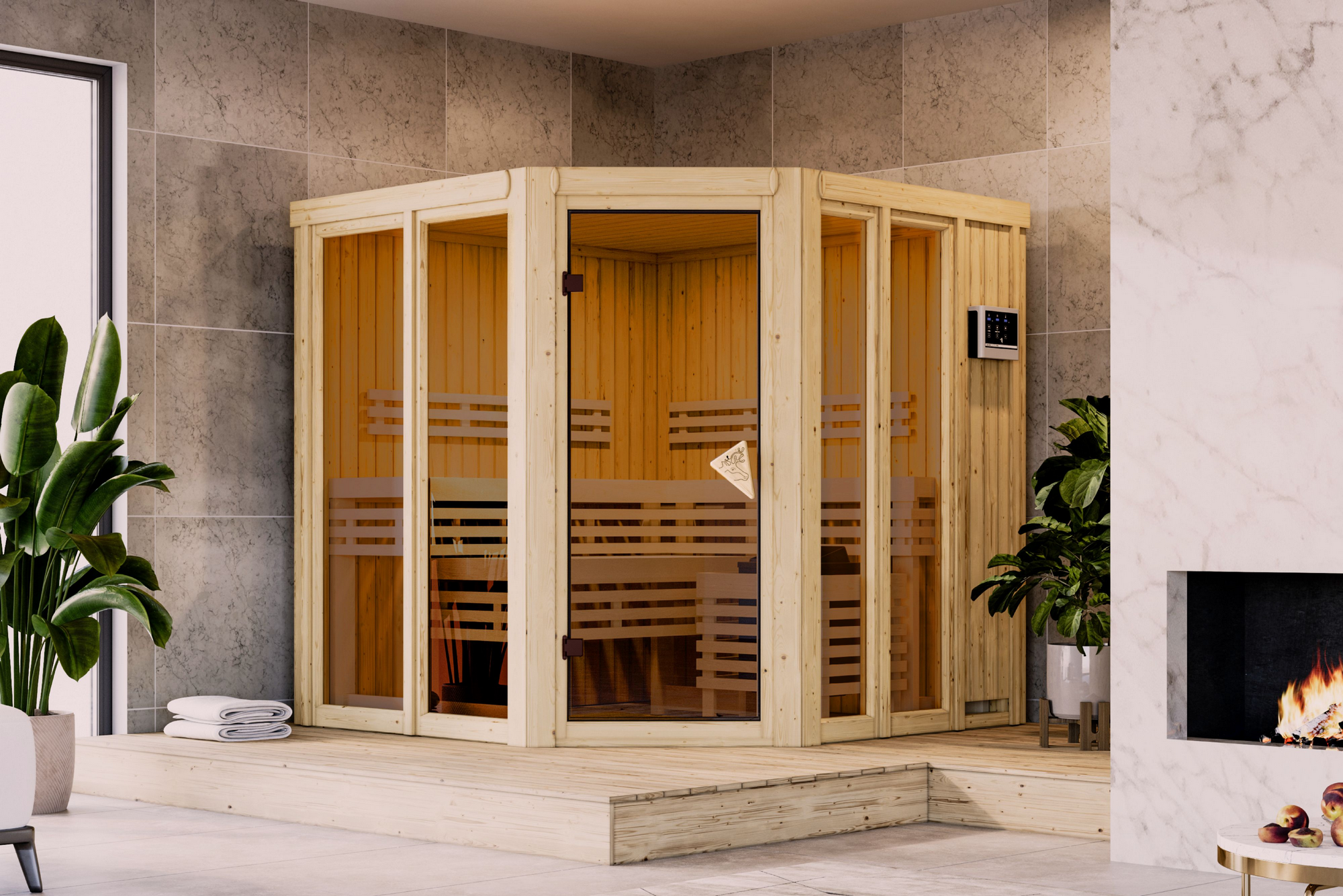 Karibu Sauna 'Airisa' naturbelassen Ofen 9 kW externe Steuerung 196 x 198 x 196 cm