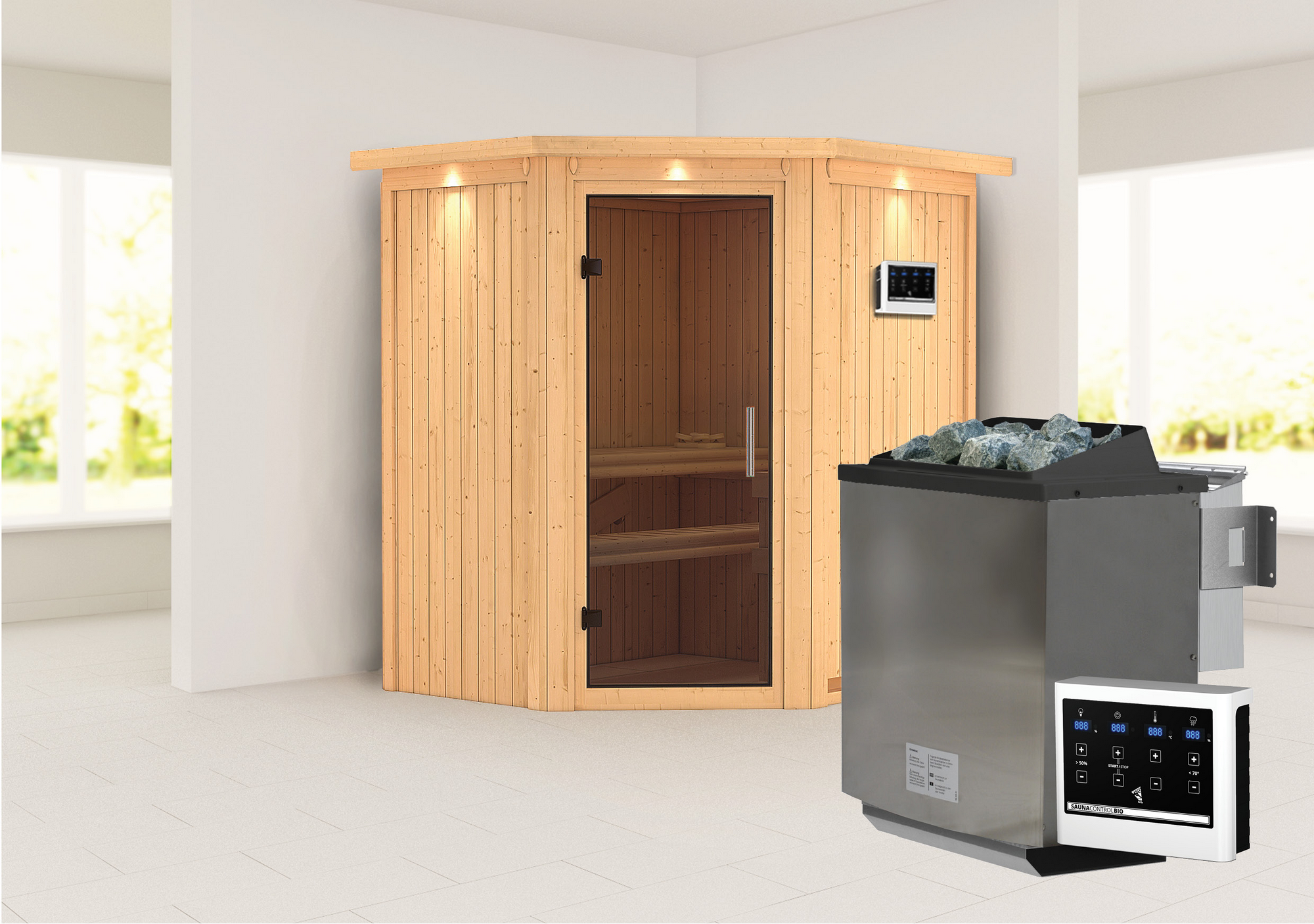 Karibu Elementsauna 'Adriana' naturbelassen mit Kranz und graphitfarbener Tür 9 kW Bio-Ofen externe Steuerung Easy 184 x...