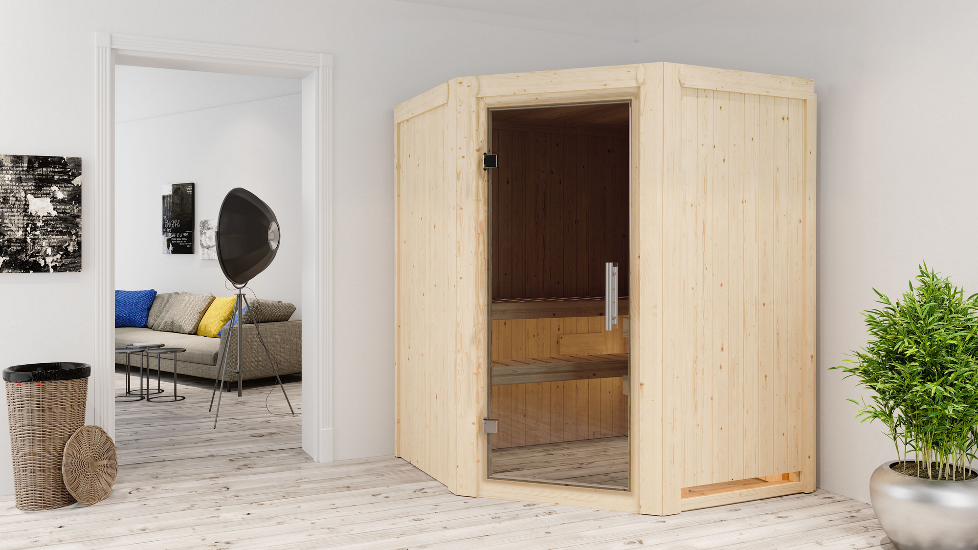 Karibu Elementsauna 'Adora' naturbelassen mit graphitfarbener Tür 9 kW Bio-Ofen externe Steuerung Easy 151 x 151 x 198 c...