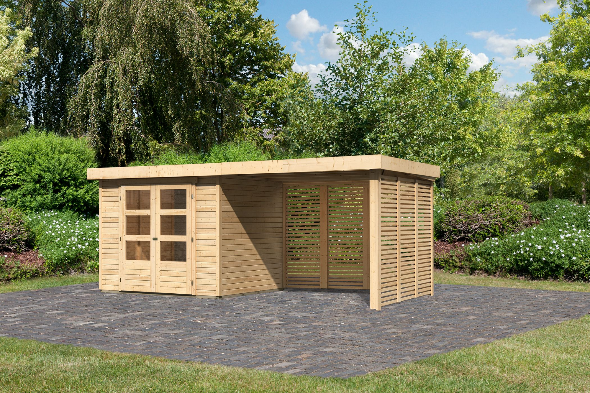 Karibu Gartenhaus-Set 'Raskola 3' naturbelassen mit Anbaudach und Feuerholzoption 528,5 x 211 x 238 cm