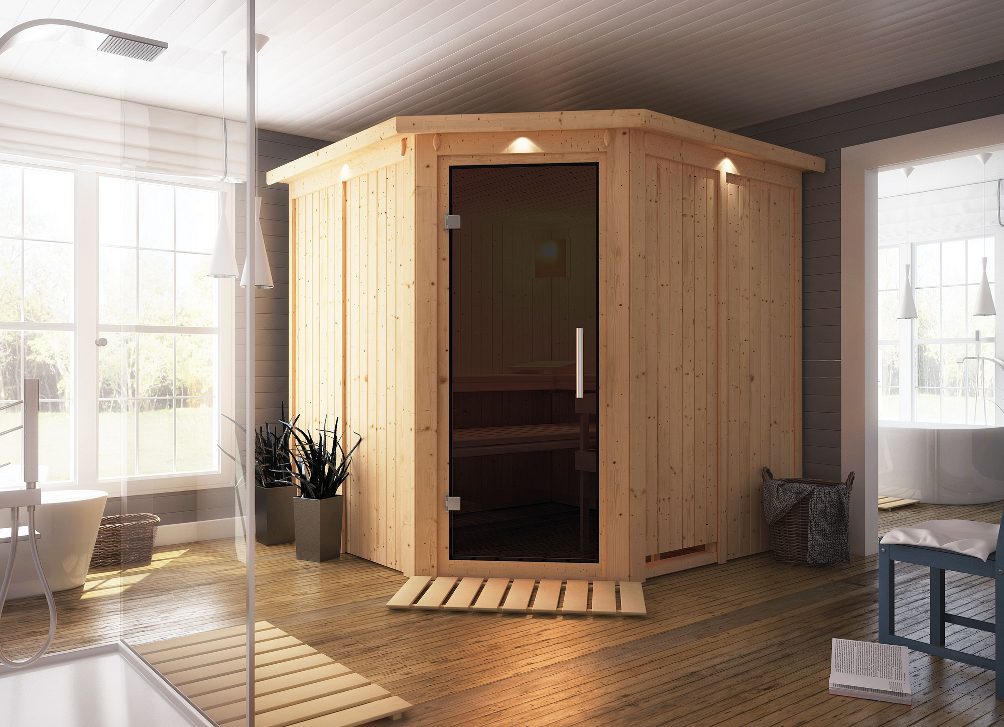 Karibu Elementsauna 'Alicia' naturbelassen mit Kranz und graphitfarbenerr Tür 9 kW Ofen integrierte Steuerung 210 x 210 ...